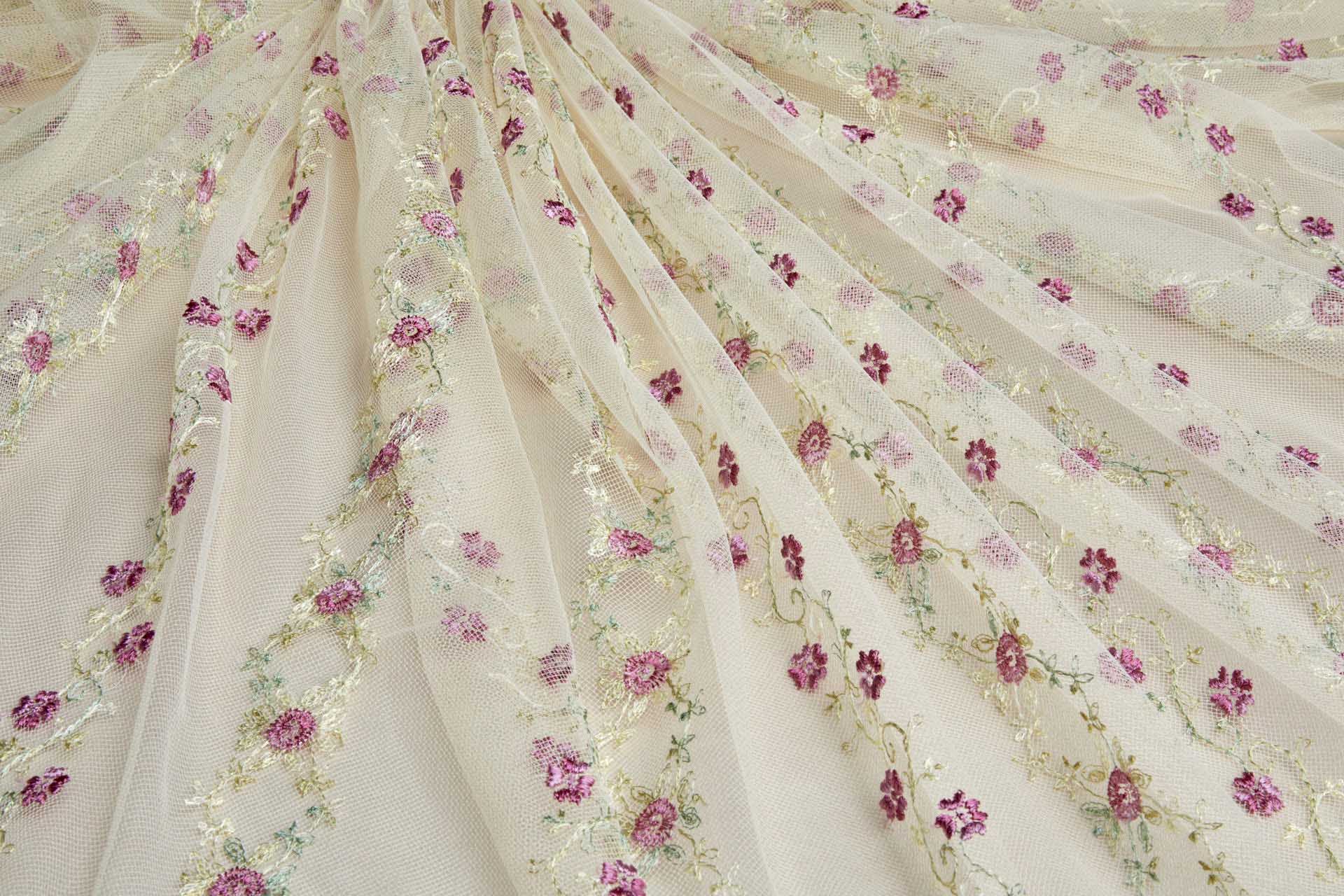Pink Flowers and Light Green Vines in Stripes on Tulle fabric, image 7 of 11