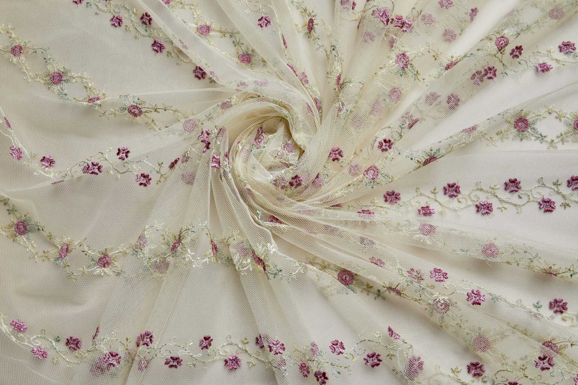 Pink Flowers and Light Green Vines in Stripes on Tulle fabric