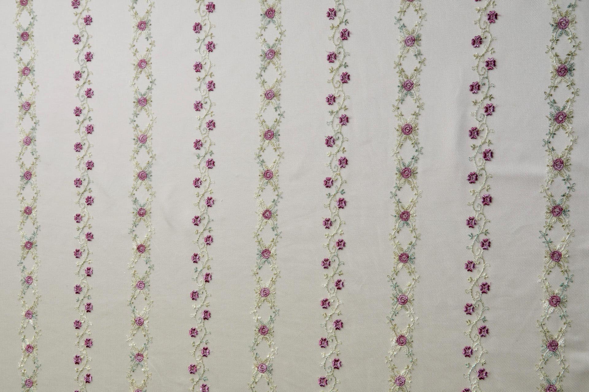 Pink Flowers and Light Green Vines in Stripes on Tulle fabric, image 8 of 11