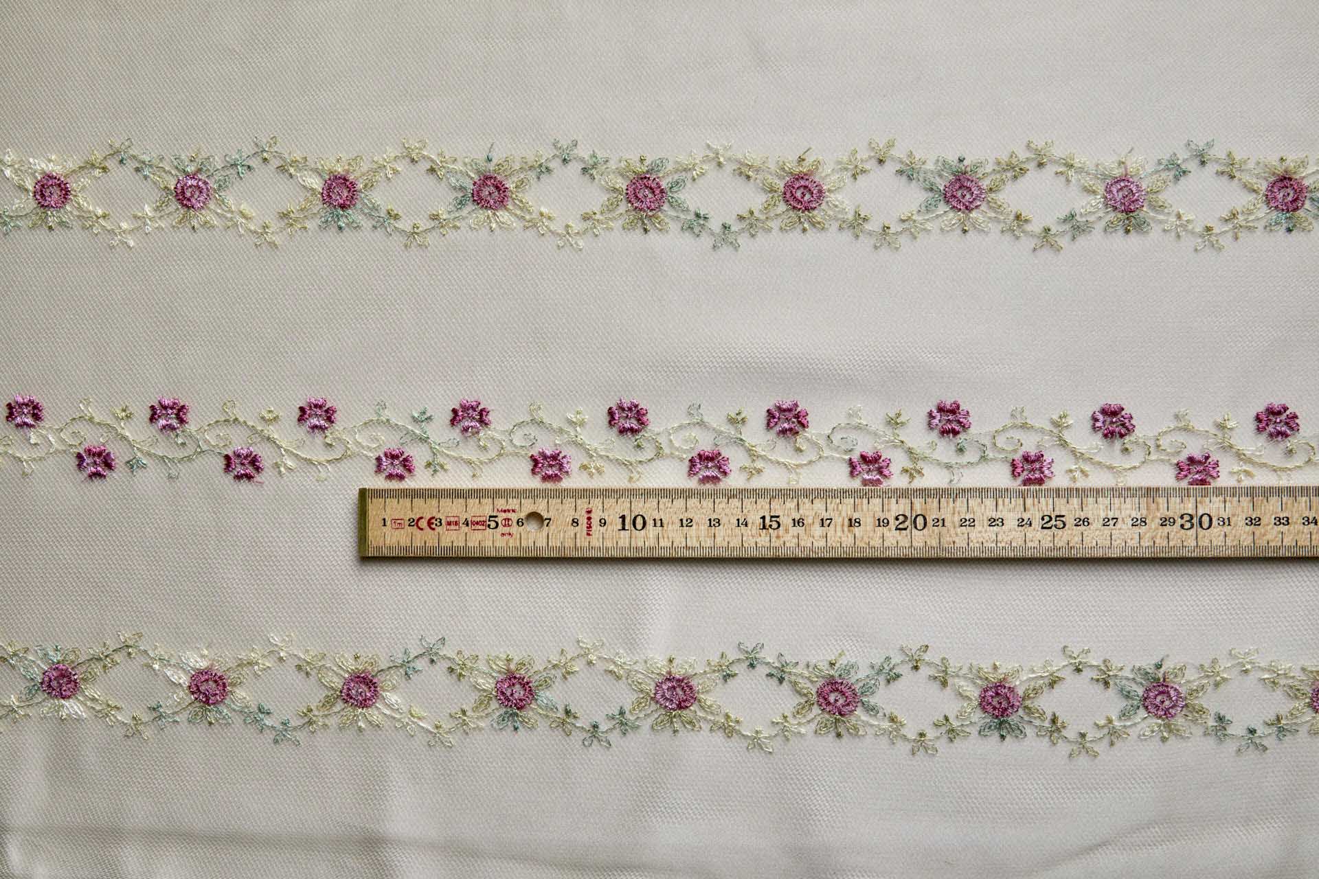 Pink Flowers and Light Green Vines in Stripes on Tulle fabric, image 9 of 11