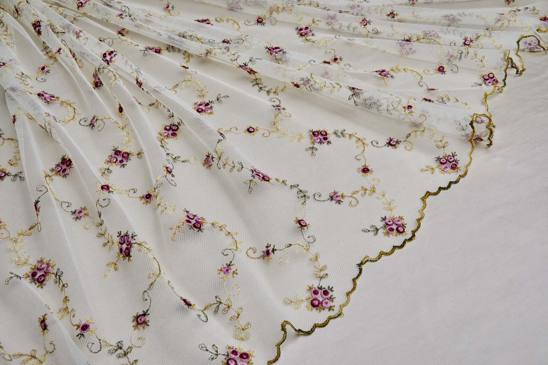 Little Pink and Red Roses Embroidered on Ivory Tulle - 0.6m Piece fabric