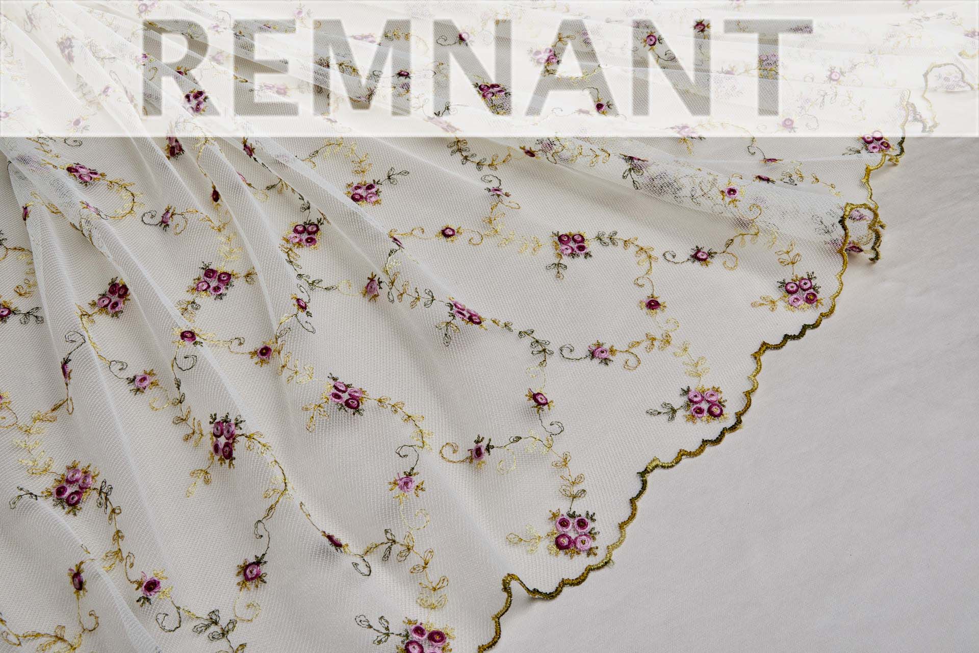 Little Pink and Red Roses Embroidered on Ivory Tulle - 0.6m Piece fabric