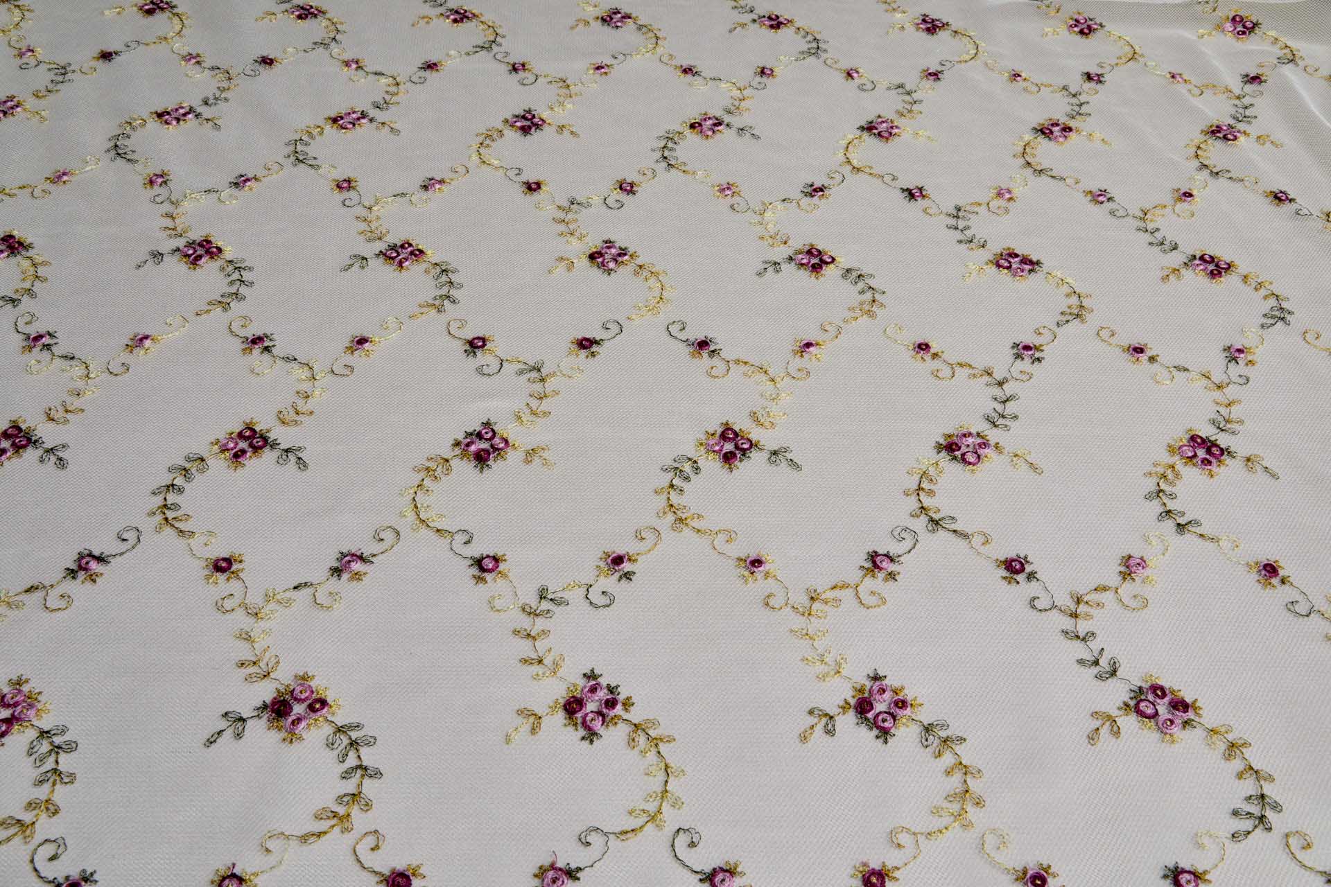 Little Pink and Red Roses Embroidered on Ivory Tulle - 0.6m Piece fabric, image 5 of 10