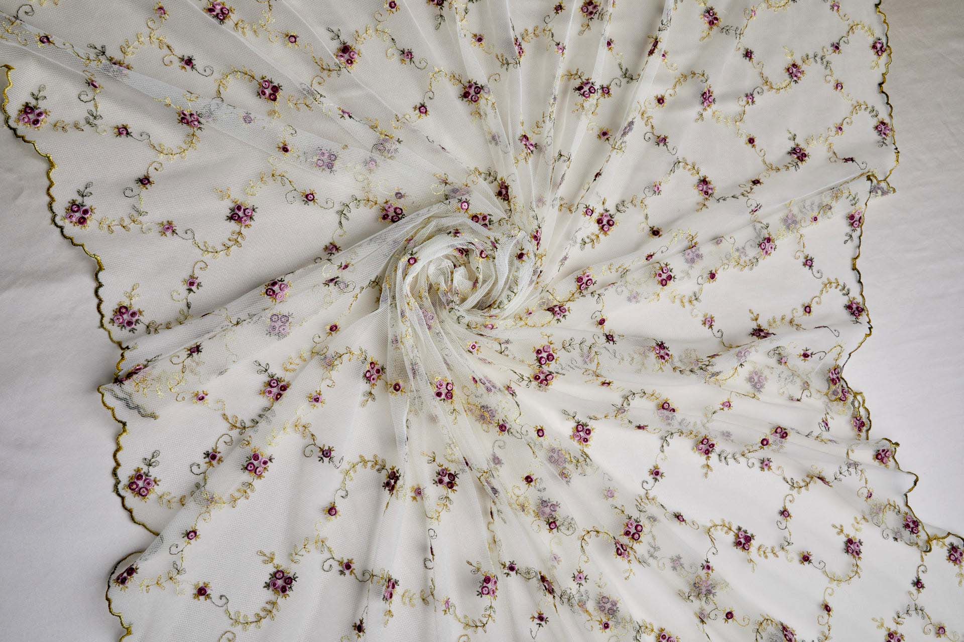 Little Pink and Red Roses Embroidered on Ivory Tulle - 0.6m Piece fabric, image 3 of 10