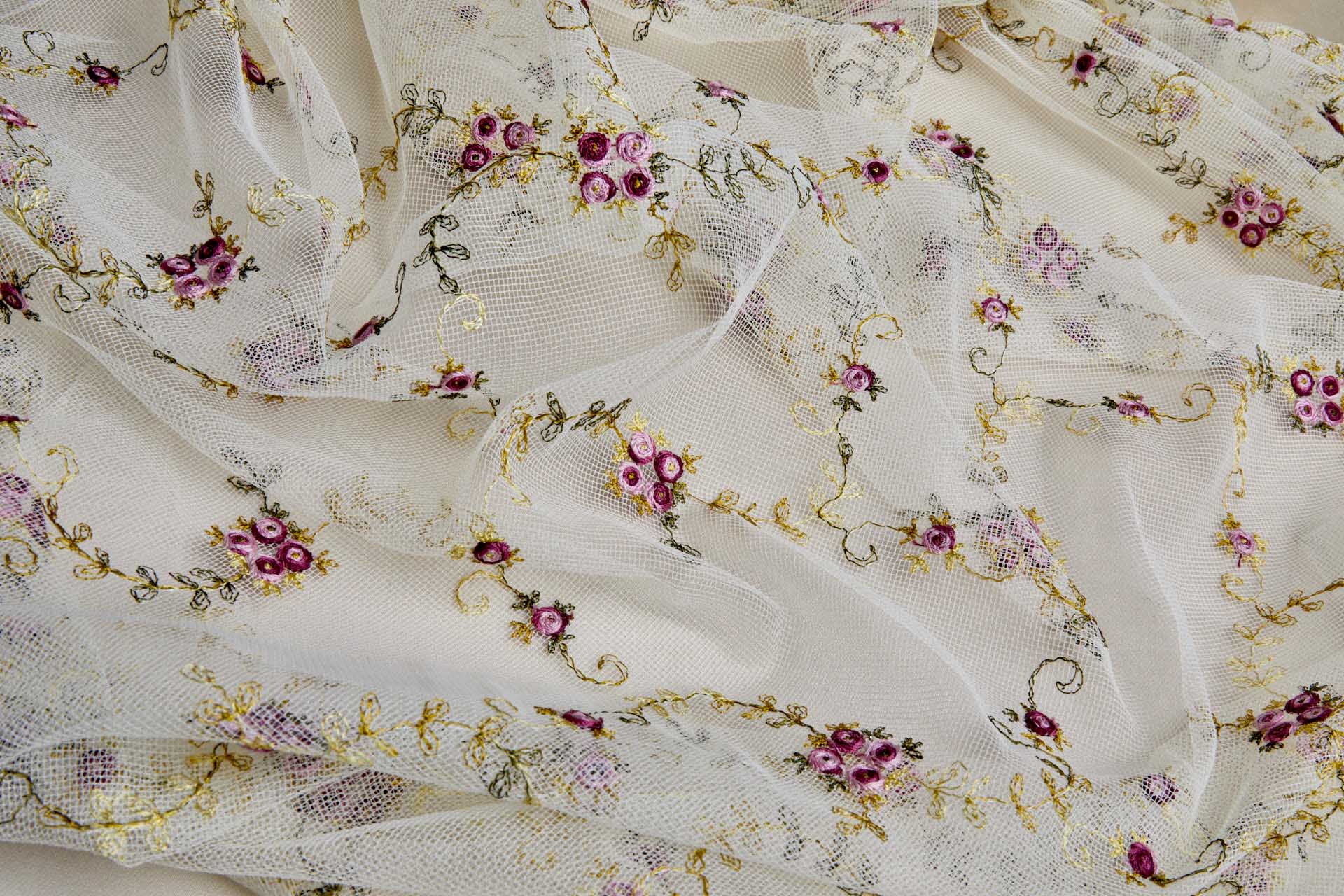 Little Pink and Red Roses Embroidered on Ivory Tulle - 0.6m Piece fabric, image 2 of 10