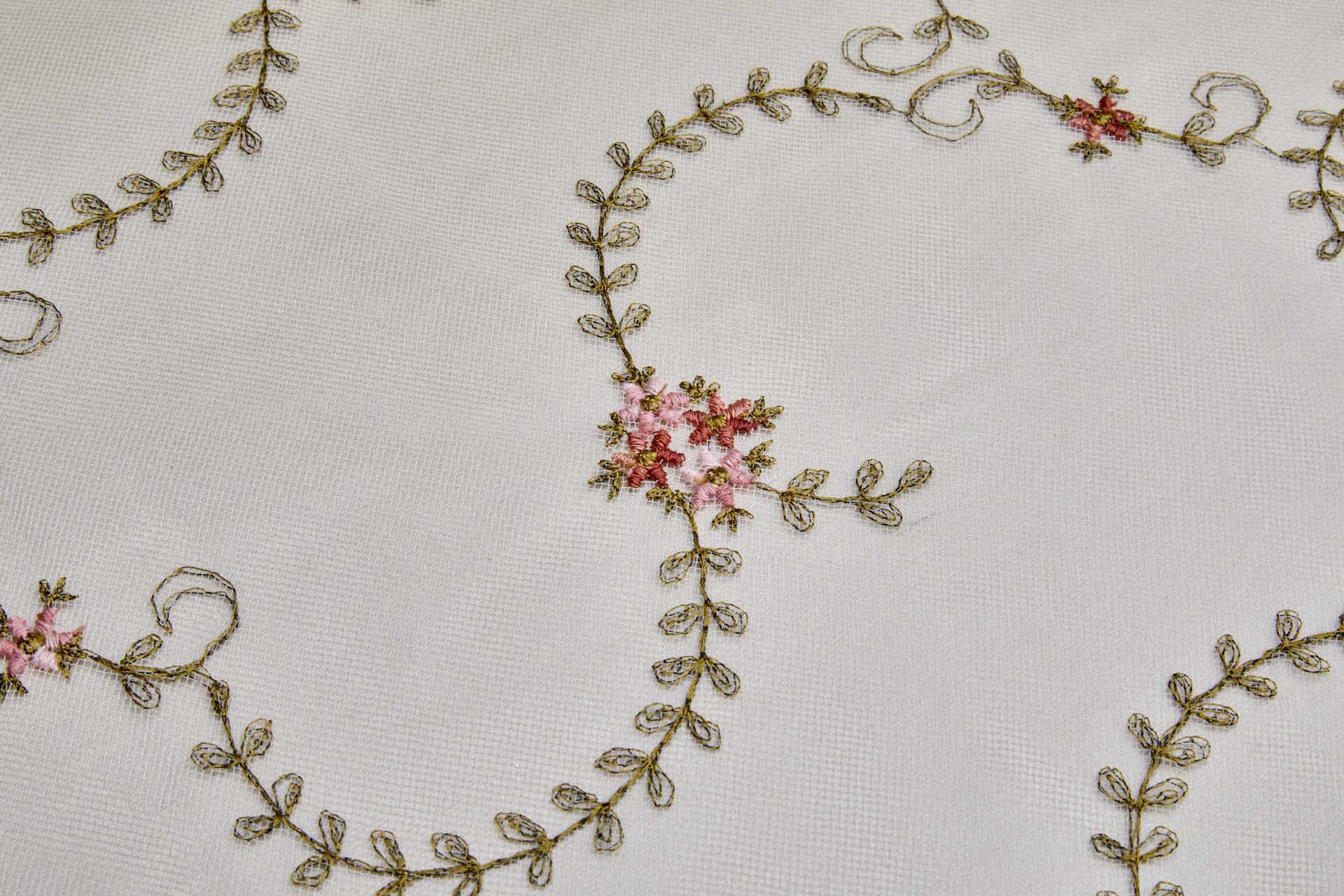 Dainty Pink and Green Flower Vines Embroidered on Ivory Tulle fabric, image 2 of 9
