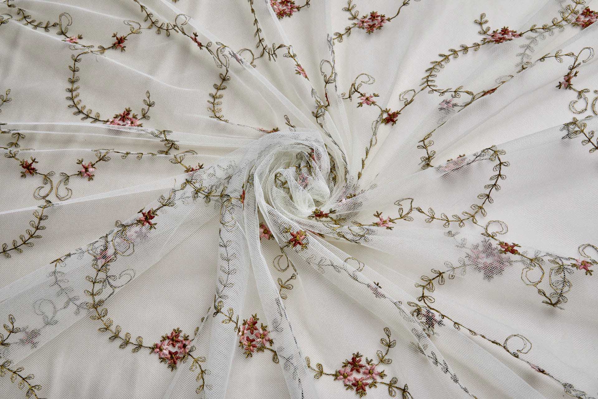 Dainty Pink and Green Flower Vines Embroidered on Ivory Tulle fabric