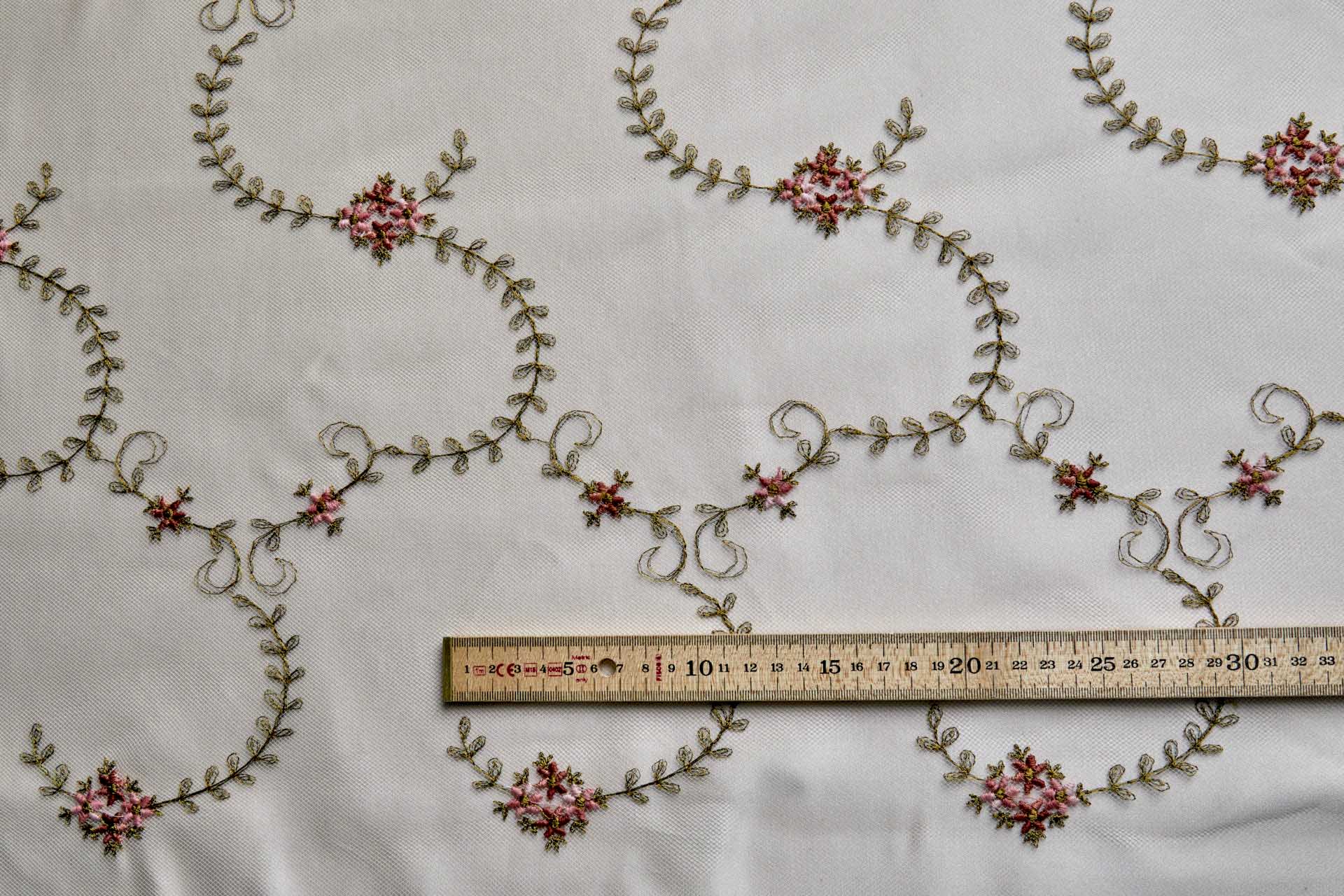 Dainty Pink and Green Flower Vines Embroidered on Ivory Tulle fabric, image 5 of 9