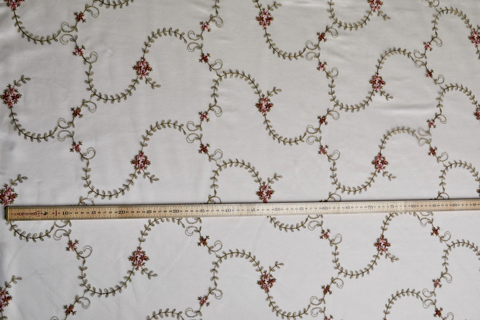 Dainty Pink and Green Flower Vines Embroidered on Ivory Tulle fabric, image 6 of 9