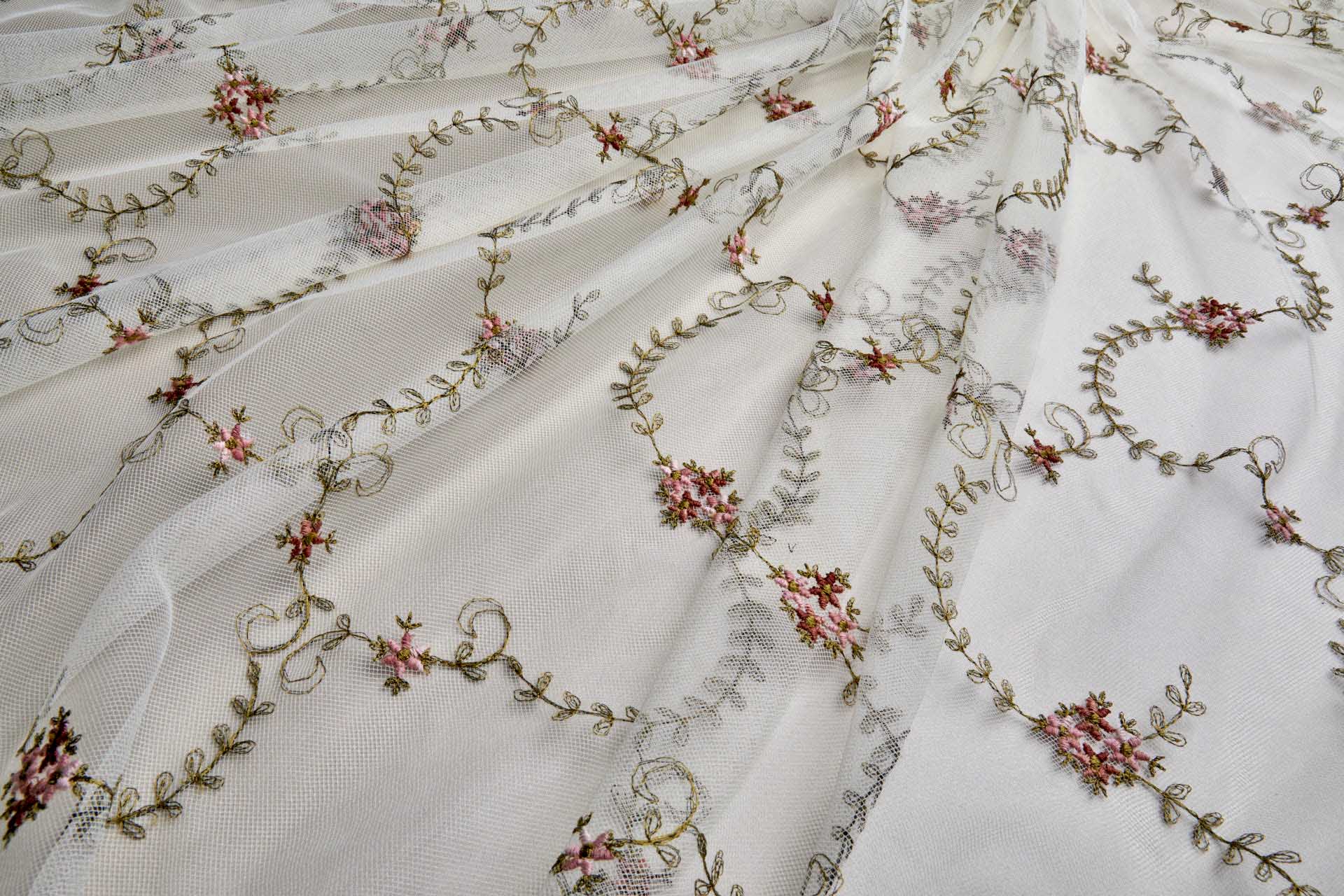 Dainty Pink and Green Flower Vines Embroidered on Ivory Tulle fabric, image 8 of 9