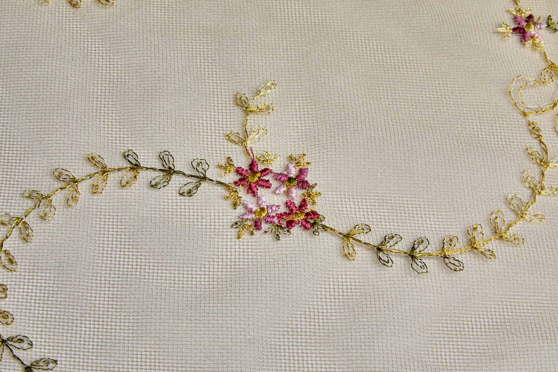 Dainty Pink and Green Flower Vines Embroidered on Khaki Tulle fabric, image 10 of 10