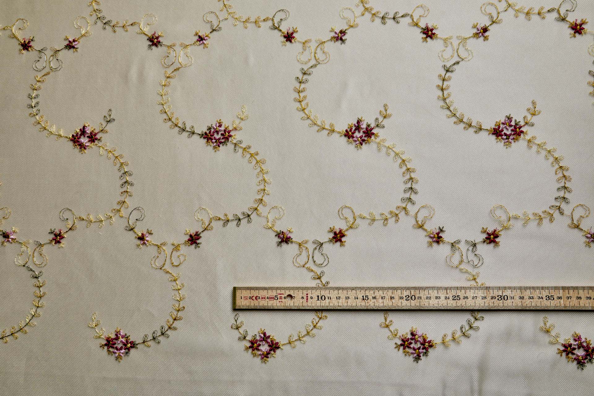 Dainty Pink and Green Flower Vines Embroidered on Khaki Tulle fabric, image 2 of 10