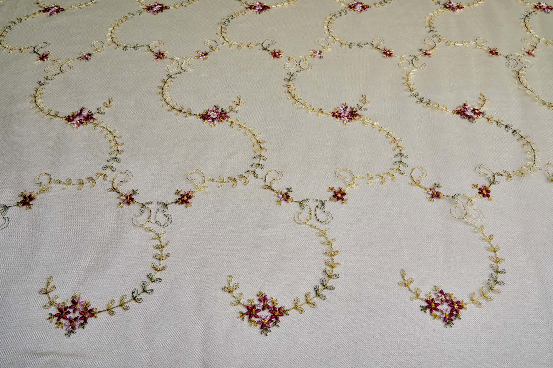 Dainty Pink and Green Flower Vines Embroidered on Khaki Tulle fabric, image 3 of 10