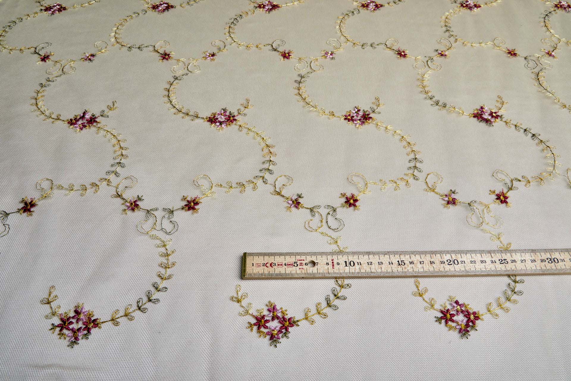 Dainty Pink and Green Flower Vines Embroidered on Khaki Tulle fabric, image 4 of 10