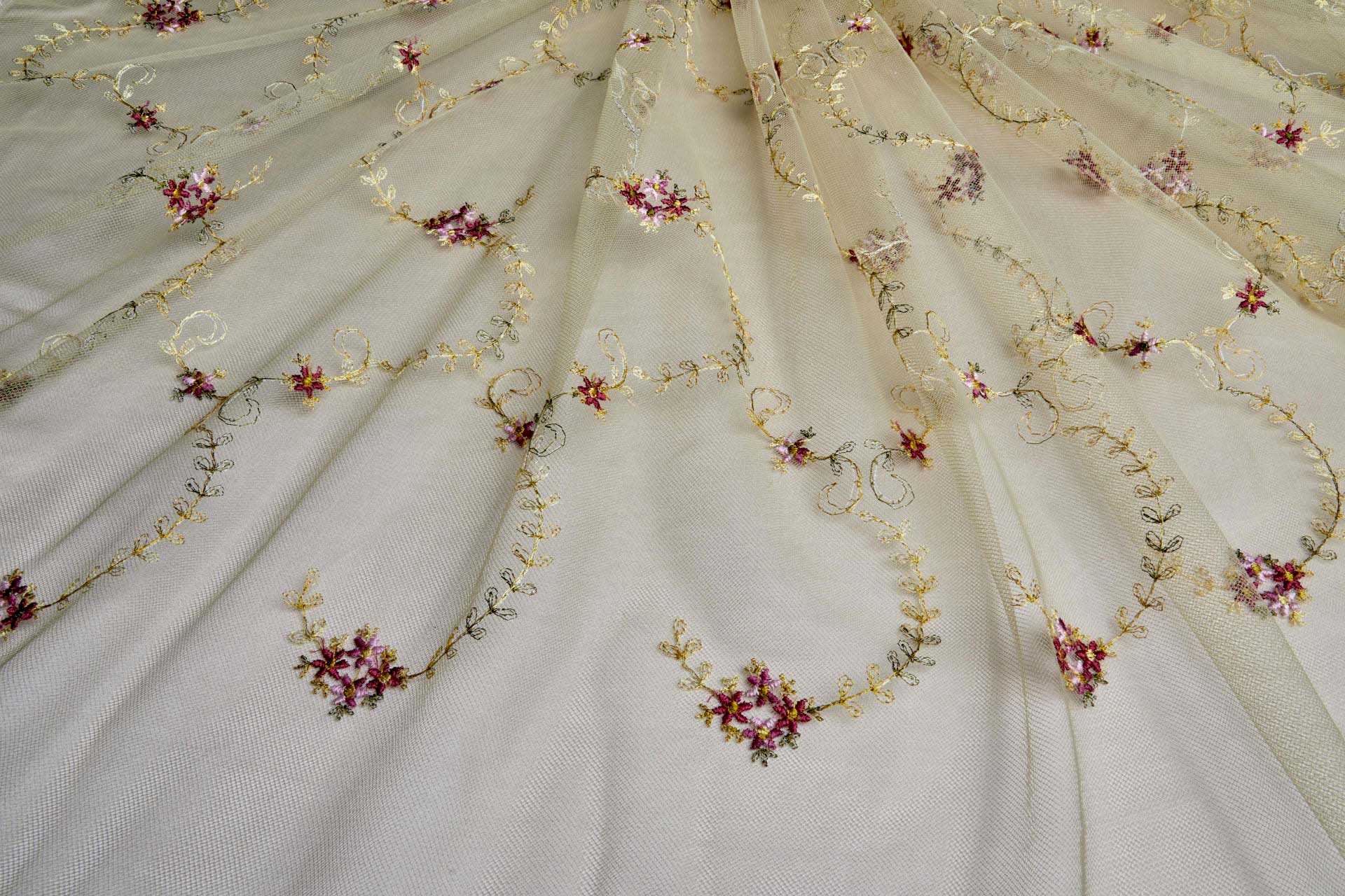 Dainty Pink and Green Flower Vines Embroidered on Khaki Tulle fabric, image 5 of 10