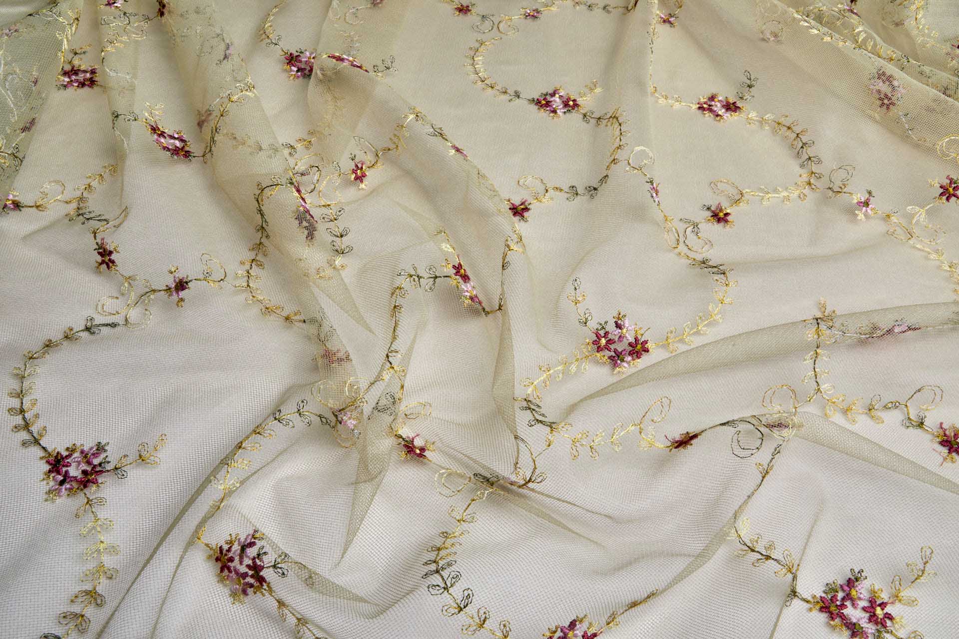 Dainty Pink and Green Flower Vines Embroidered on Khaki Tulle fabric, image 6 of 10