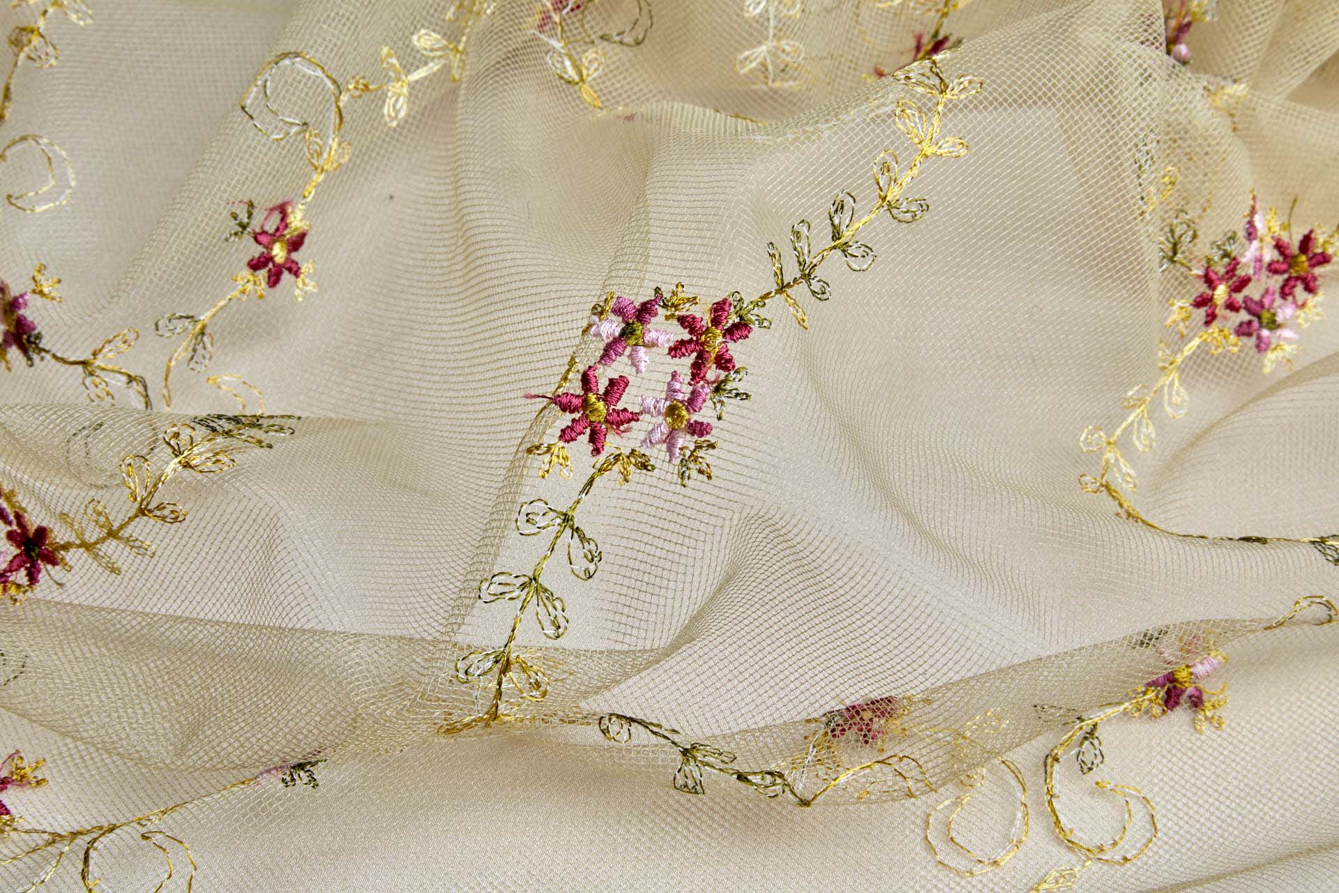 Dainty Pink and Green Flower Vines Embroidered on Khaki Tulle fabric, image 7 of 10