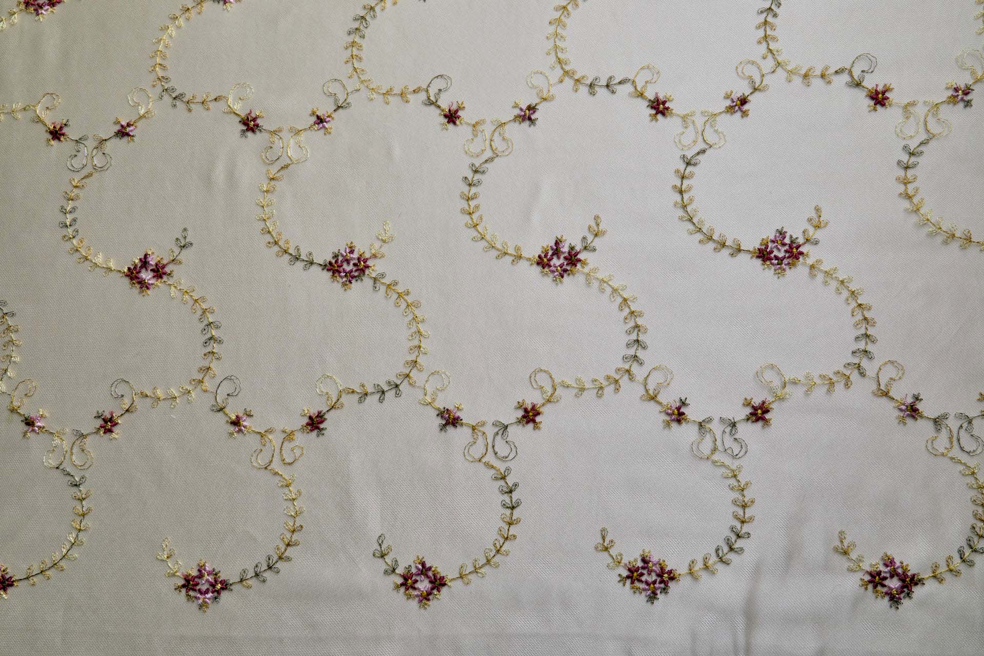 Dainty Pink and Green Flower Vines Embroidered on Khaki Tulle fabric, image 8 of 10