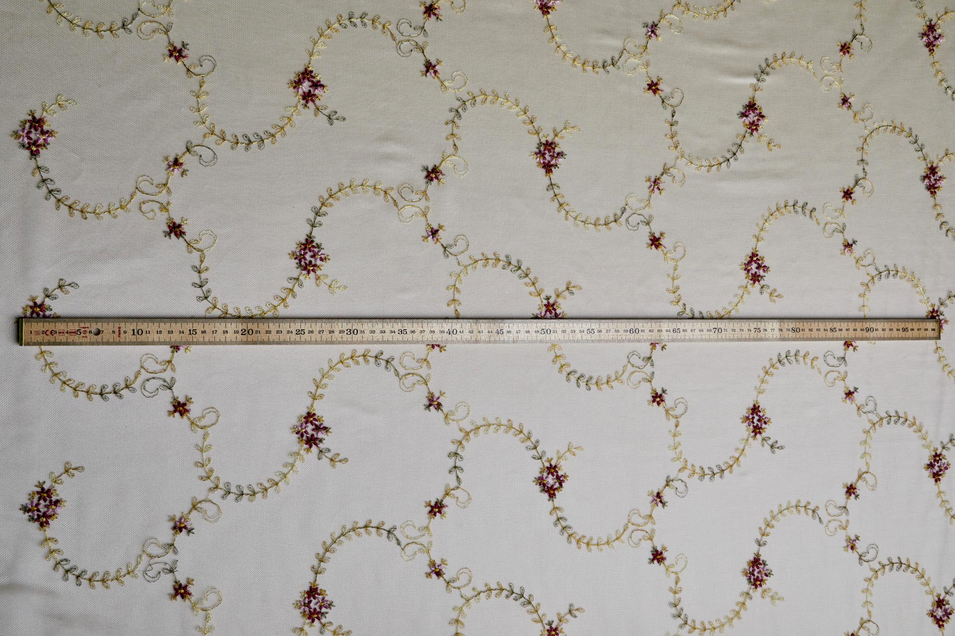 Dainty Pink and Green Flower Vines Embroidered on Khaki Tulle fabric, image 9 of 10
