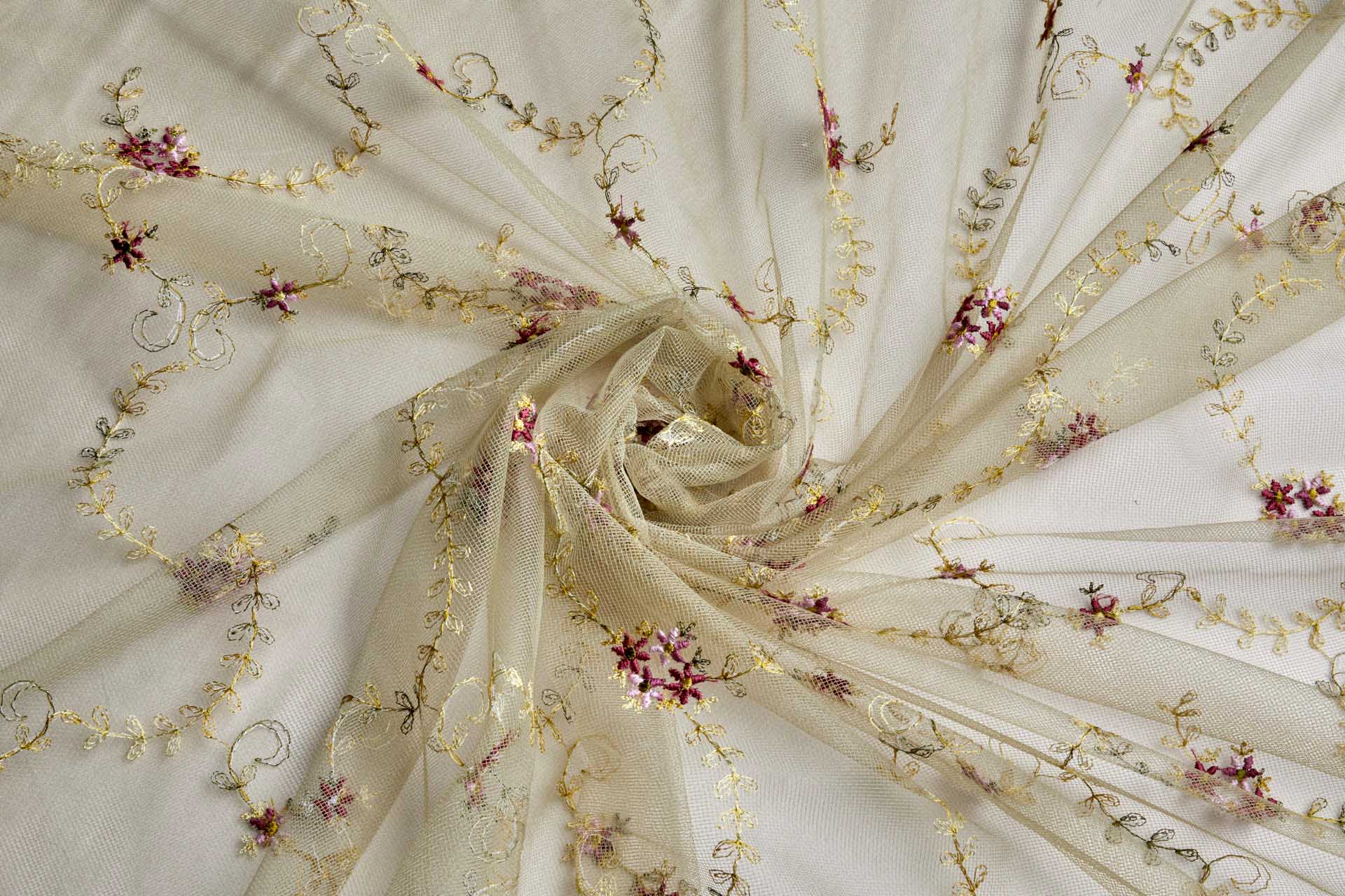 Dainty Pink and Green Flower Vines Embroidered on Khaki Tulle fabric