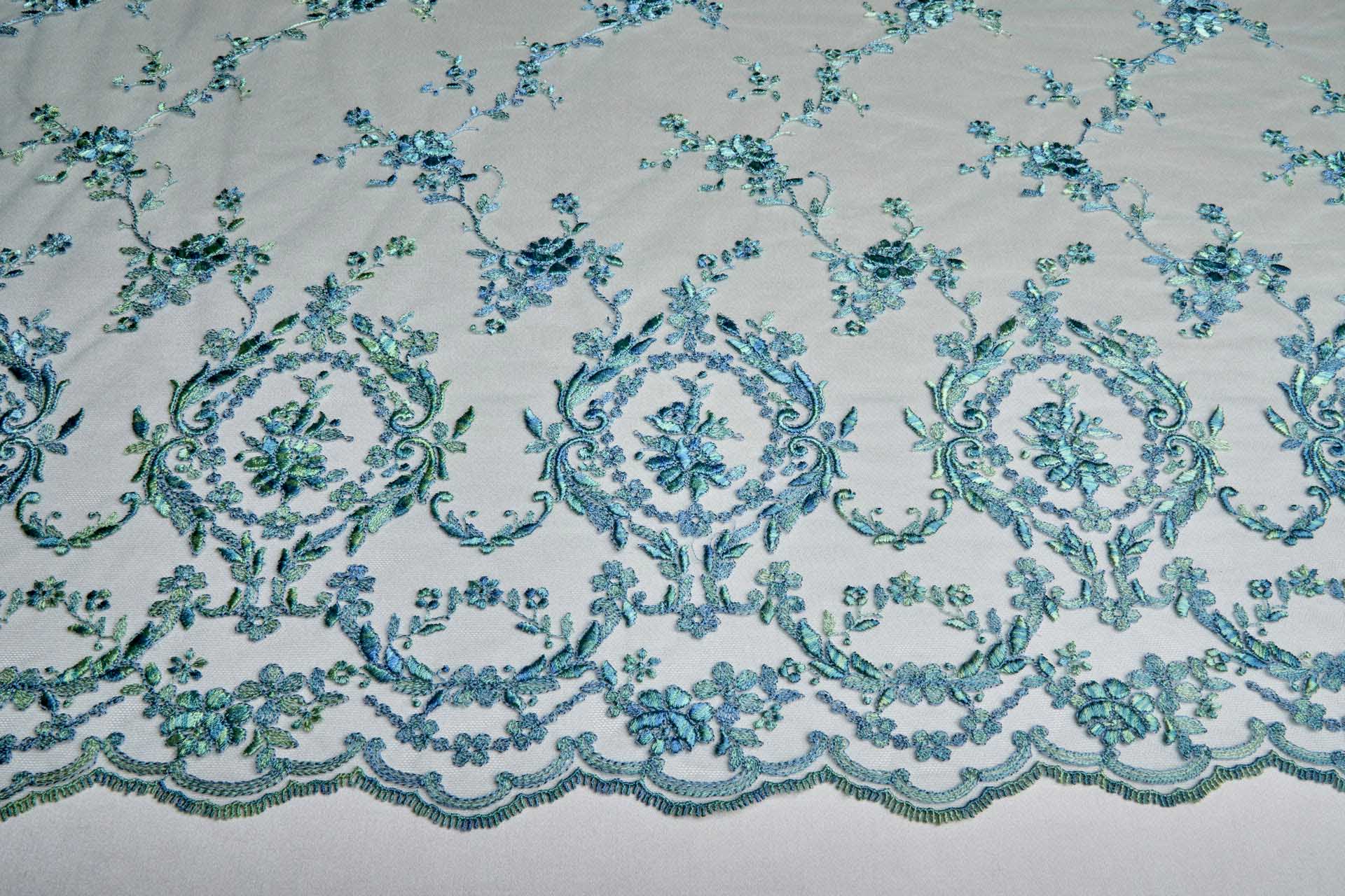 Regency Style Border Embroidery on Tulle in Variegated Green and Teal fabric, image 8 of 8