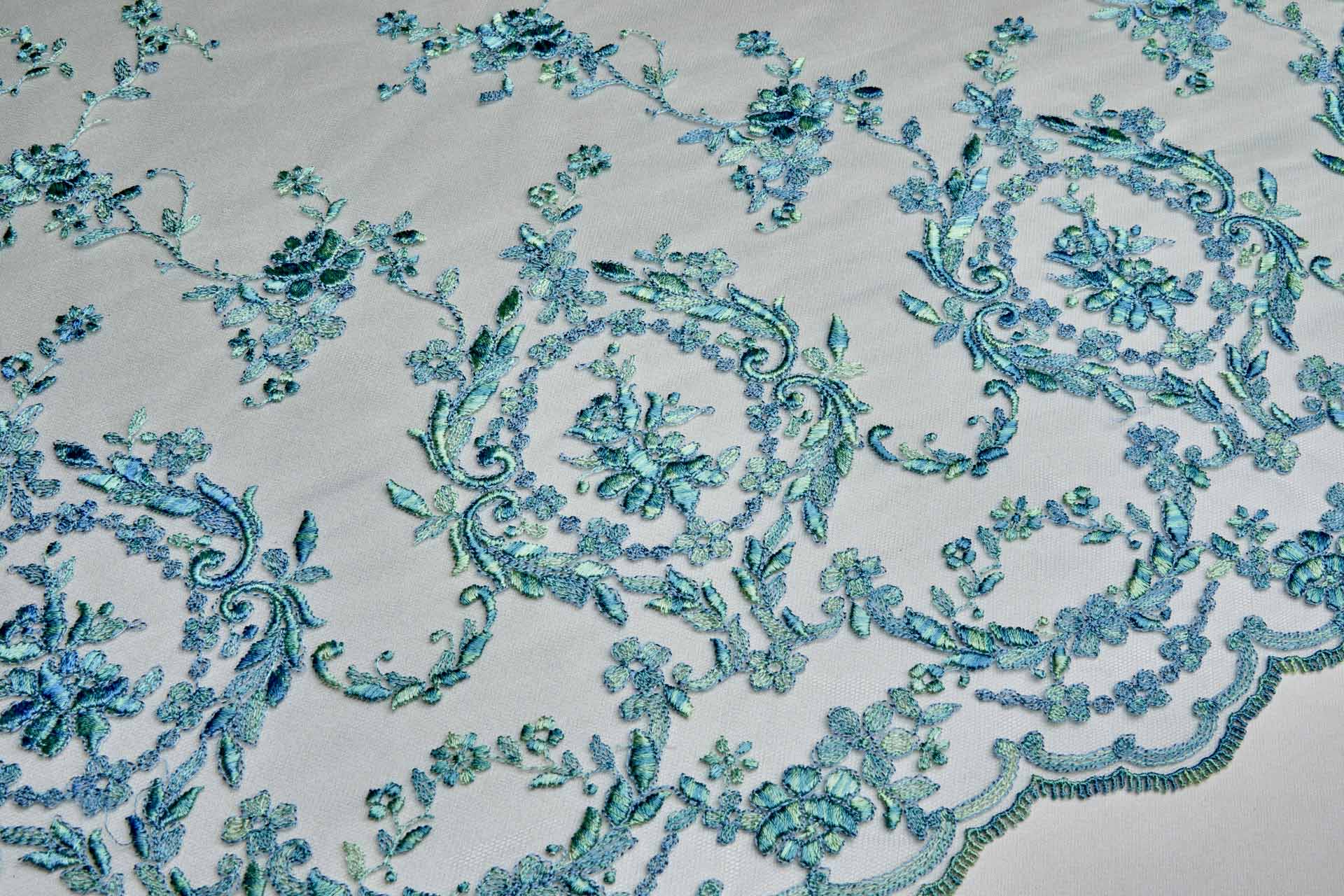 Regency Style Border Embroidery on Tulle in Variegated Green and Teal fabric, image 2 of 8