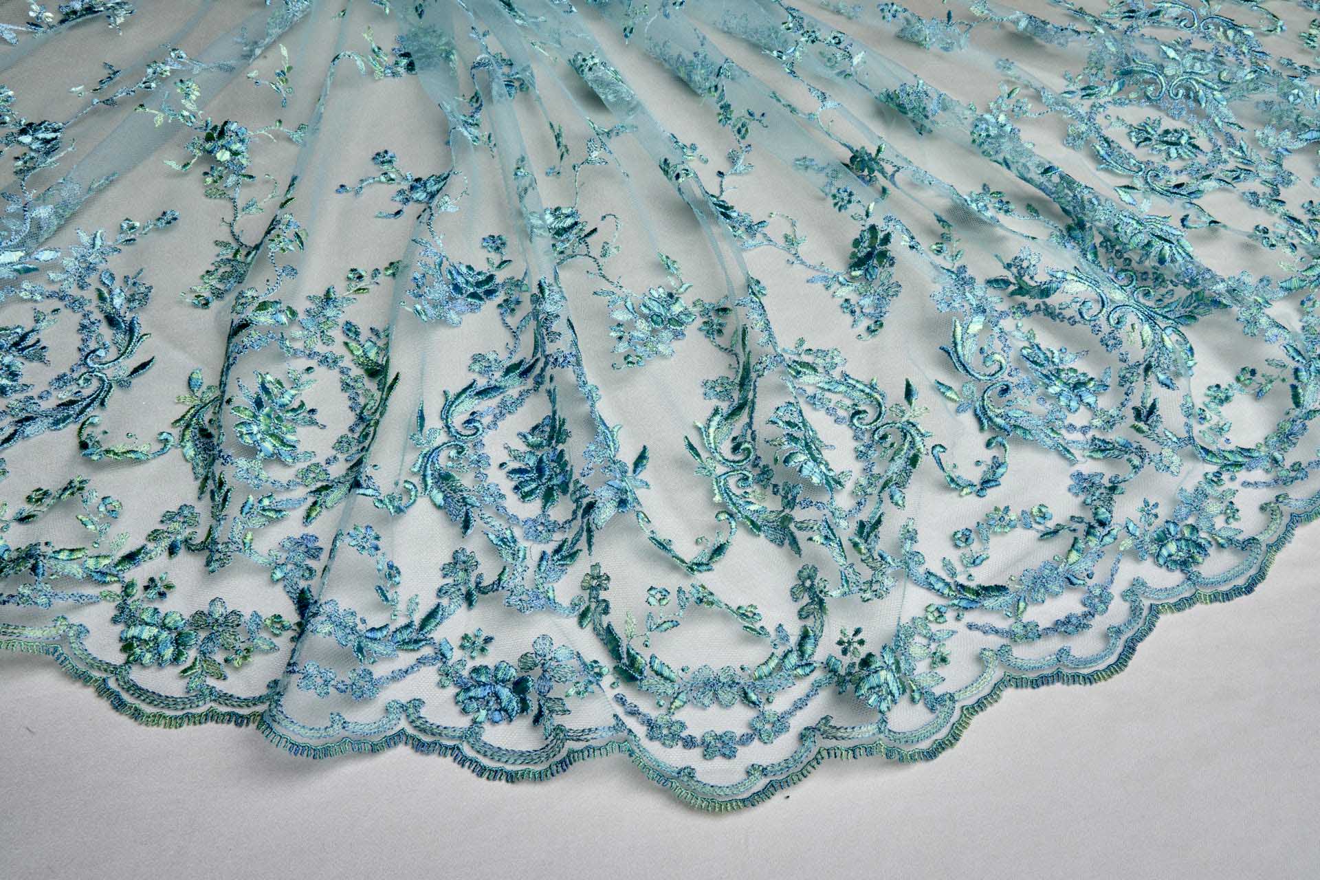 Regency Style Border Embroidery on Tulle in Variegated Green and Teal fabric
