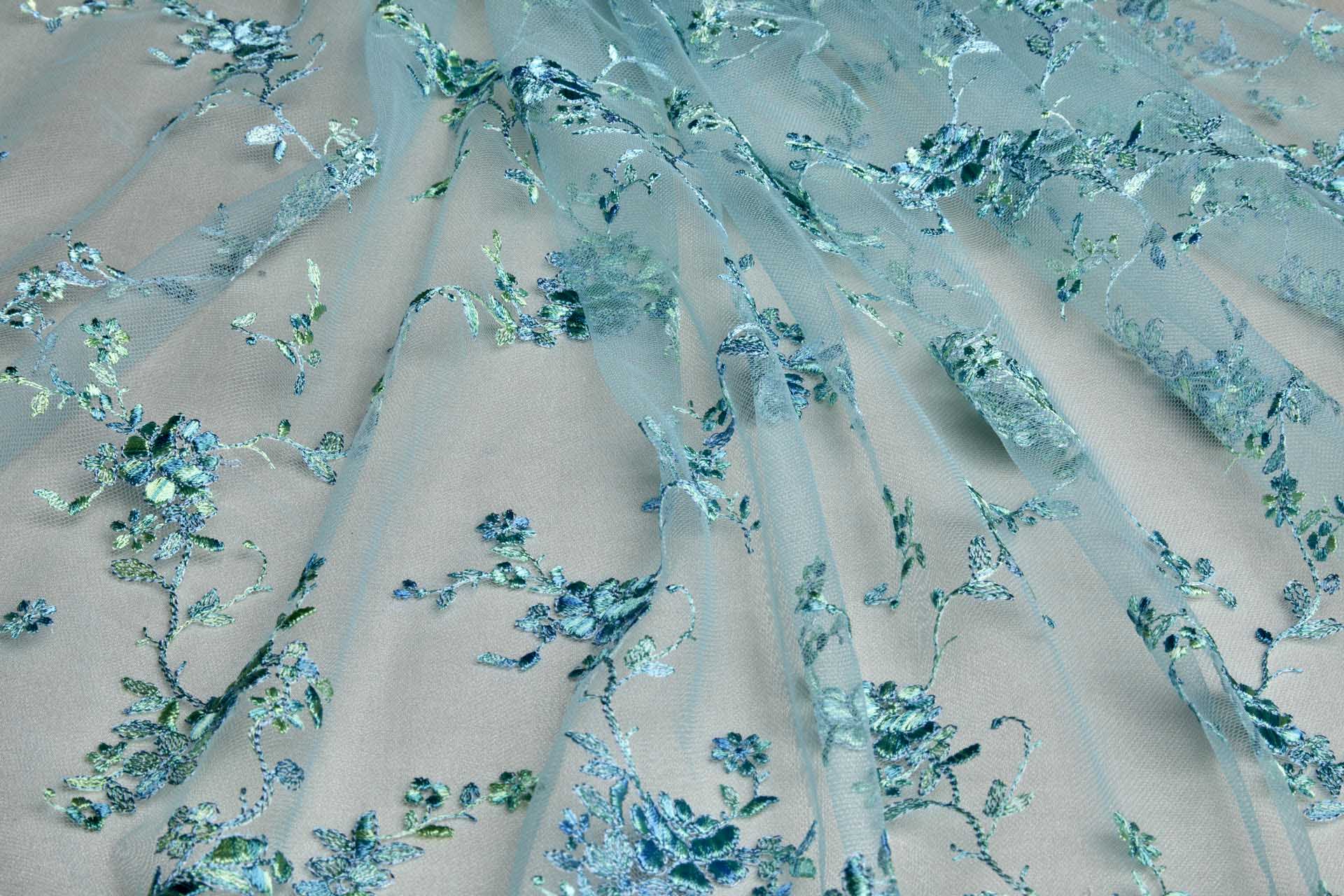 Regency Style Border Embroidery on Tulle in Variegated Green and Teal fabric, image 3 of 8