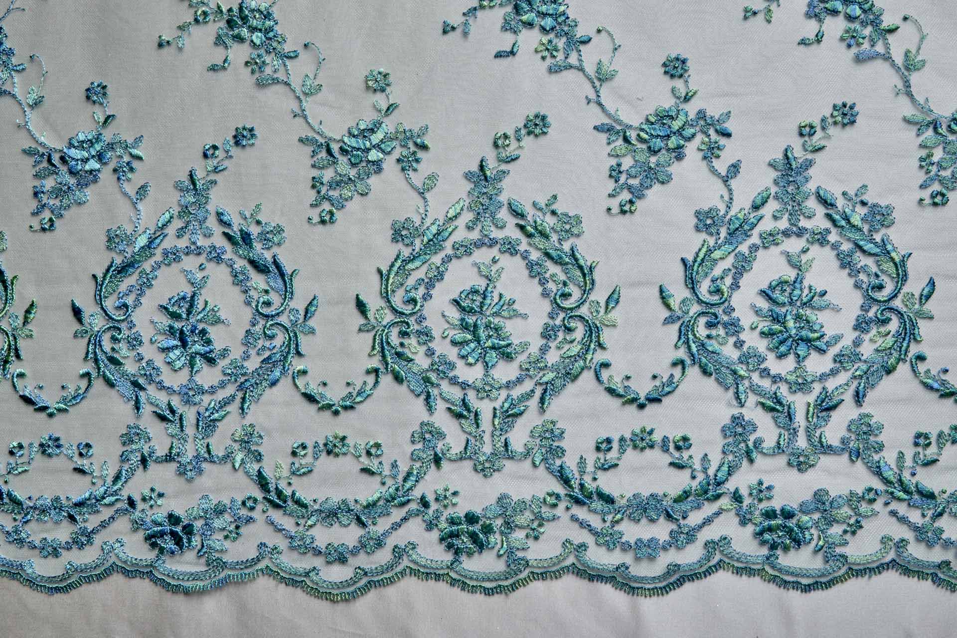 Regency Style Border Embroidery on Tulle in Variegated Green and Teal fabric, image 4 of 8