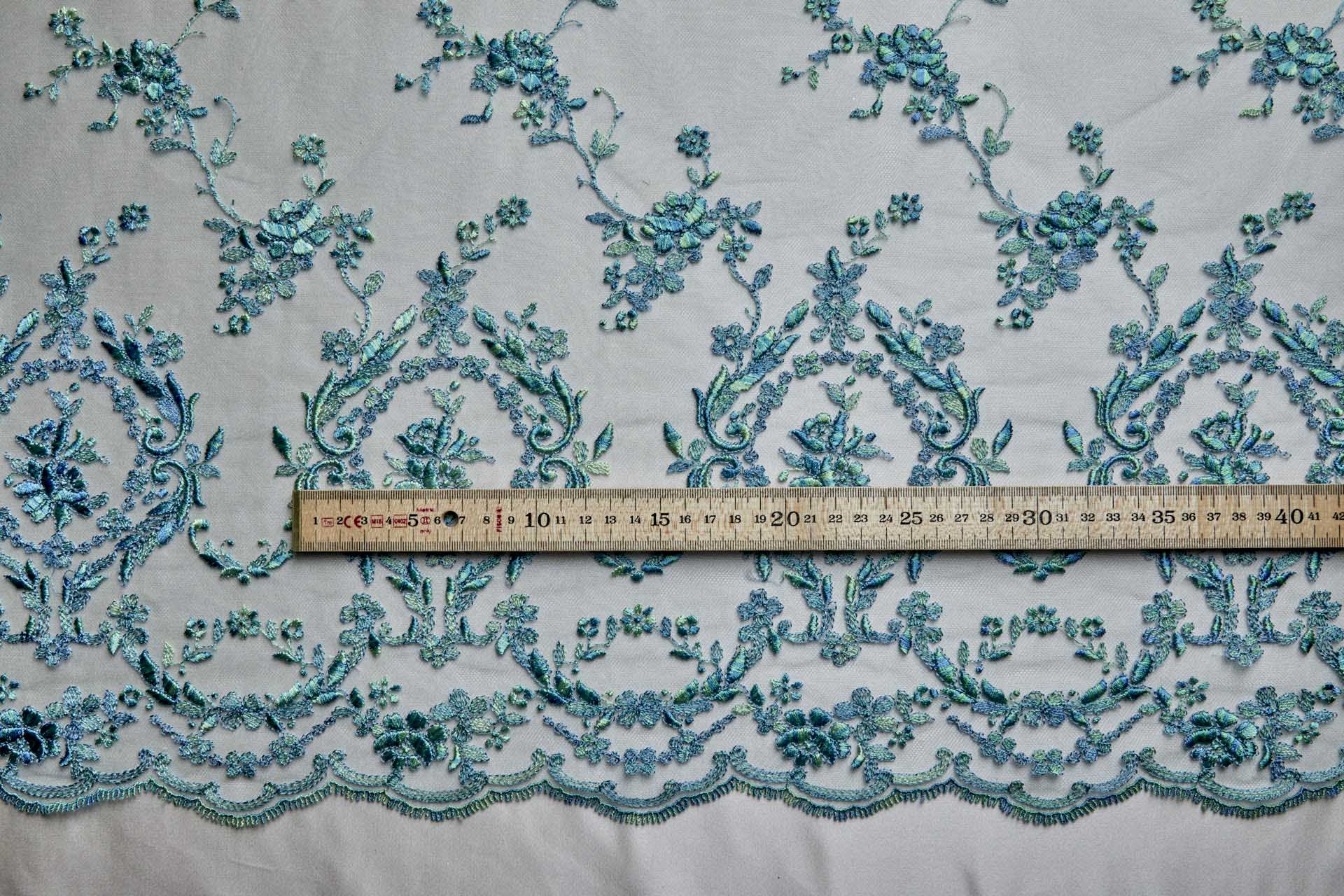 Regency Style Border Embroidery on Tulle in Variegated Green and Teal fabric, image 5 of 8