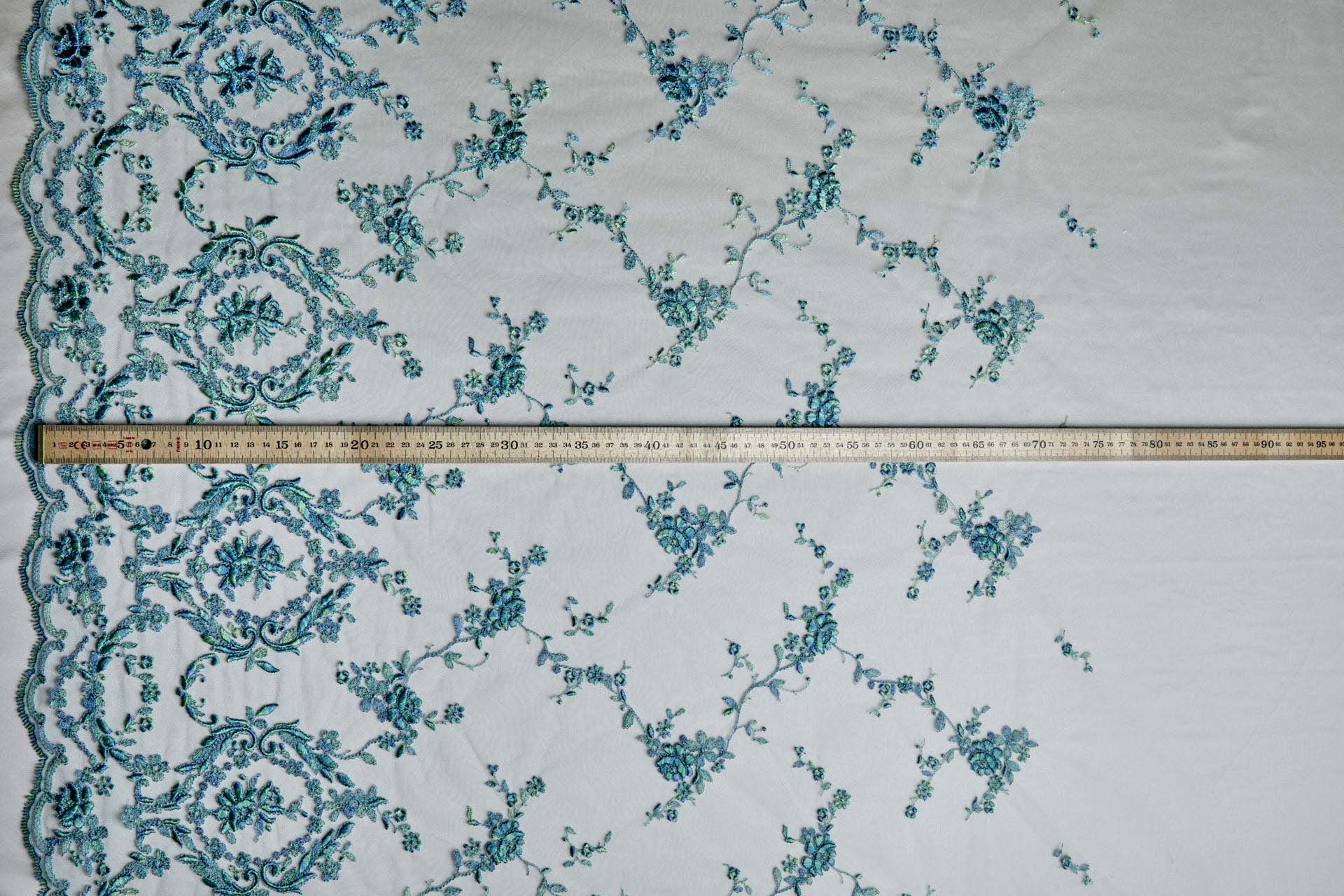 Regency Style Border Embroidery on Tulle in Variegated Green and Teal fabric, image 6 of 8