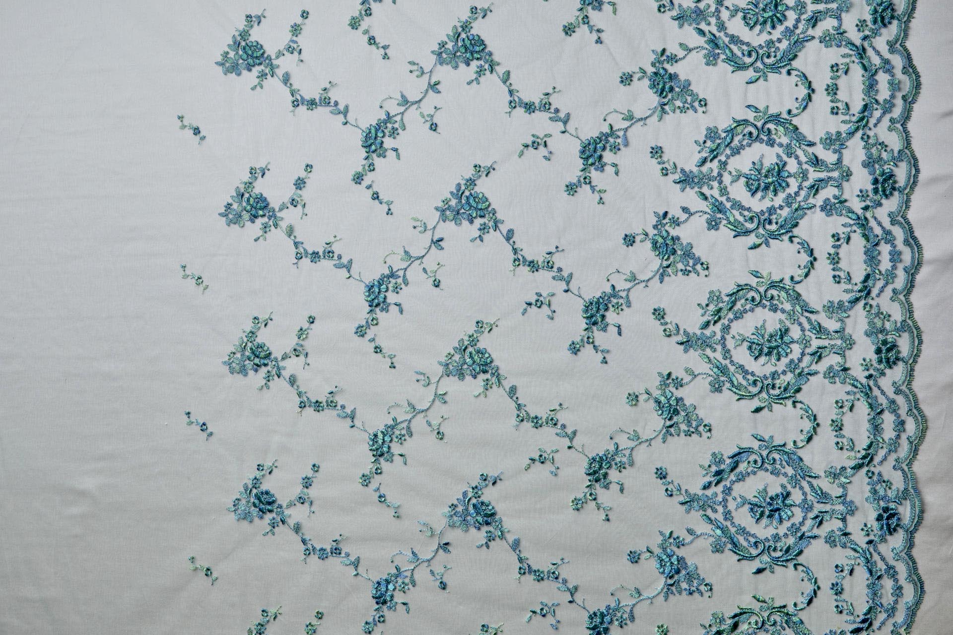 Regency Style Border Embroidery on Tulle in Variegated Green and Teal fabric, image 7 of 8