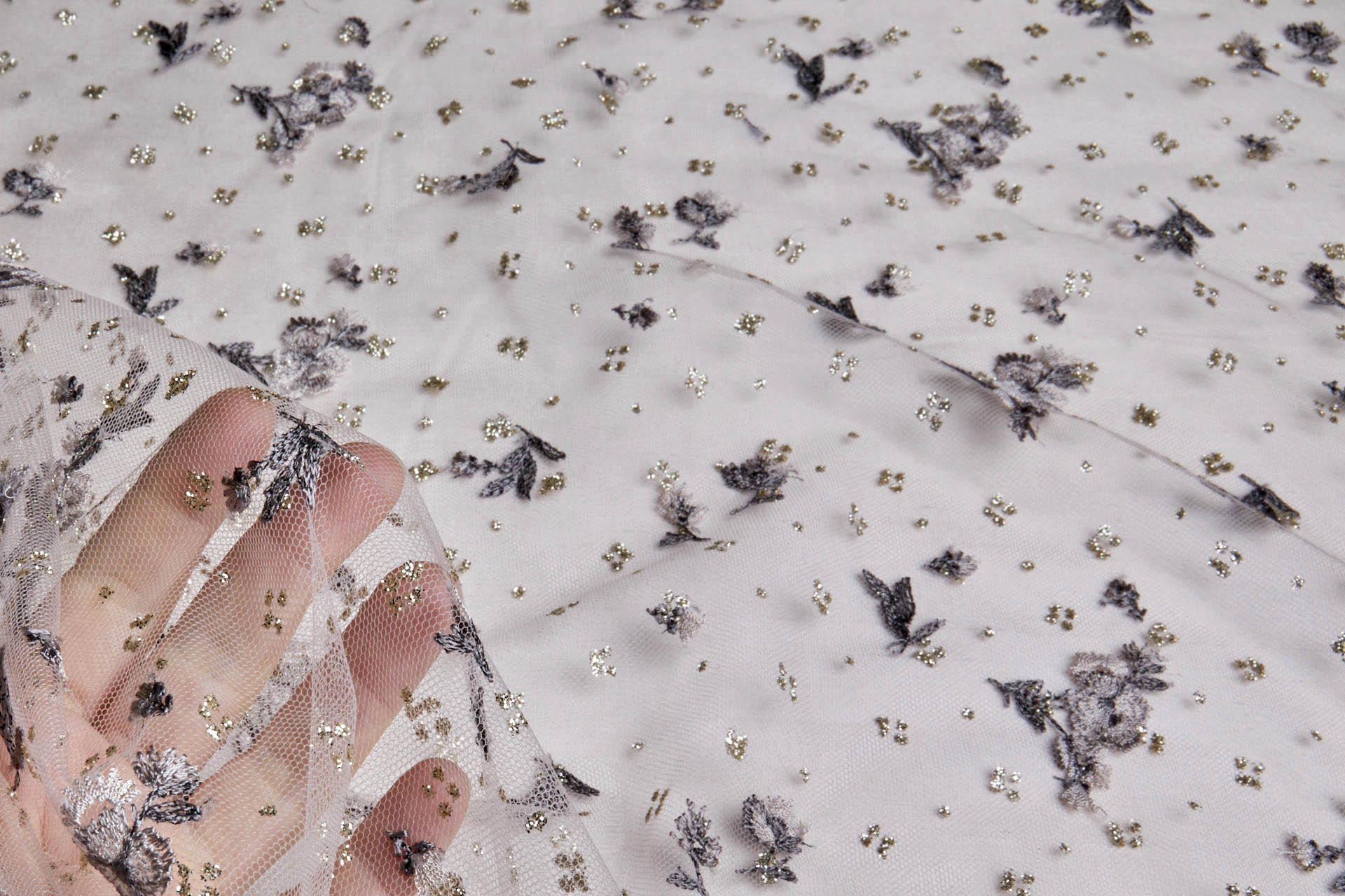 Dainty Heather and Dusky Pink Flowers on Illusion Tulle fabric, image 5 of 10