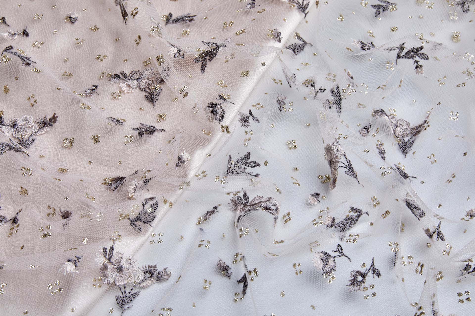 Dainty Heather and Dusky Pink Flowers on Illusion Tulle fabric
