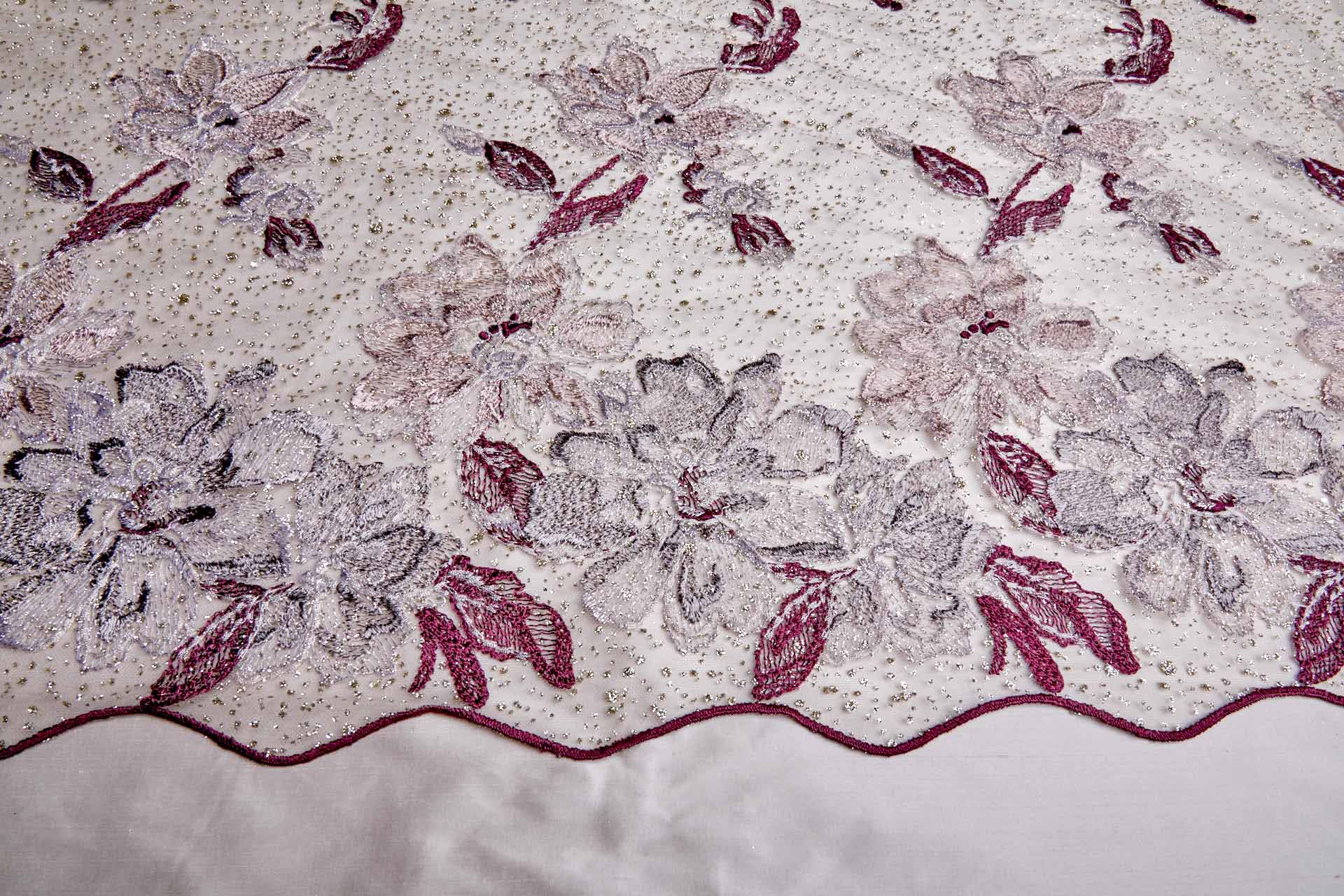 Larger Burgundy / Pink Flowers Embroidered on Gold Glitter Illusion Tulle fabric, image 13 of 13