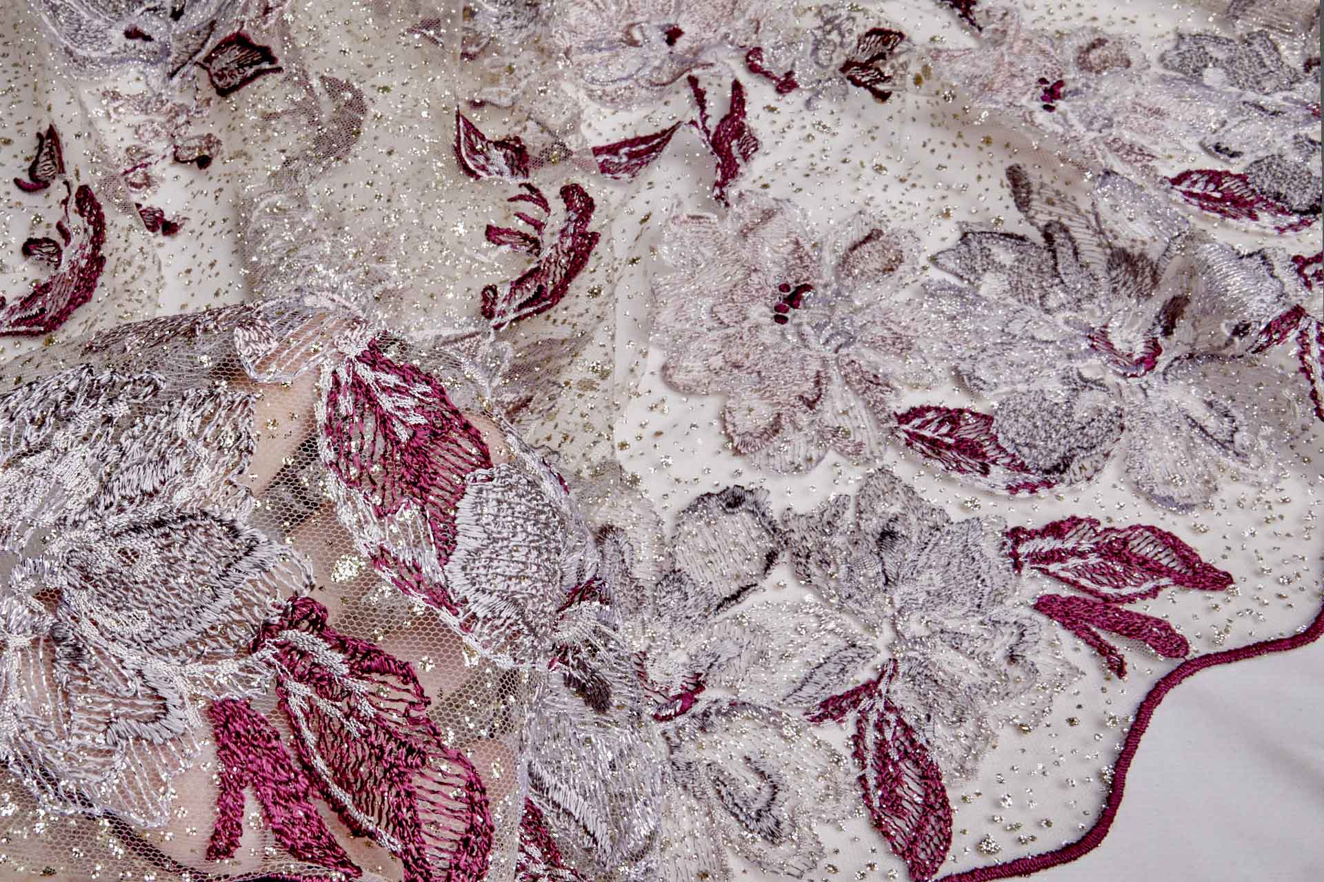 Larger Burgundy / Pink Flowers Embroidered on Gold Glitter Illusion Tulle fabric, image 12 of 13