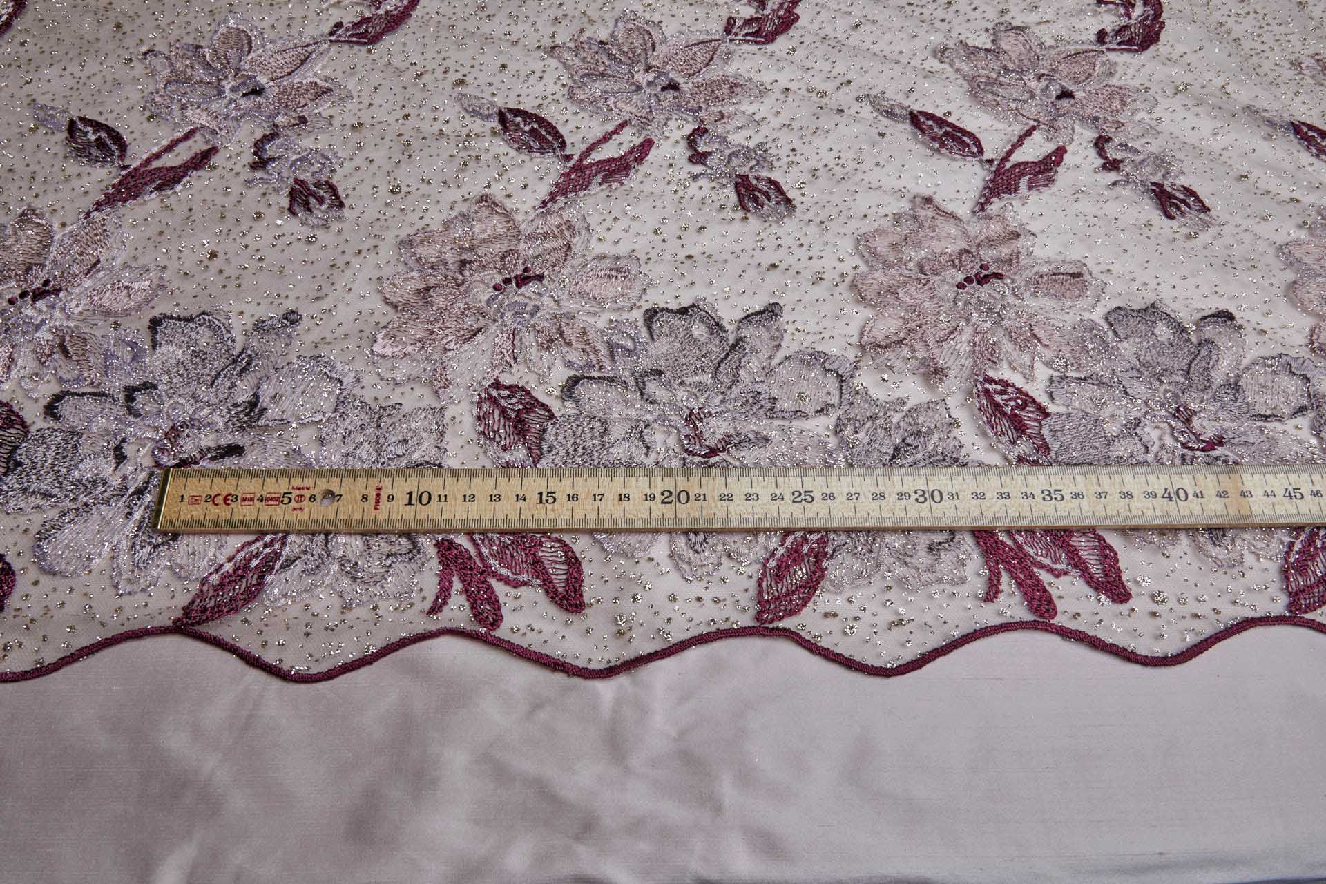 Larger Burgundy / Pink Flowers Embroidered on Gold Glitter Illusion Tulle fabric, image 2 of 13