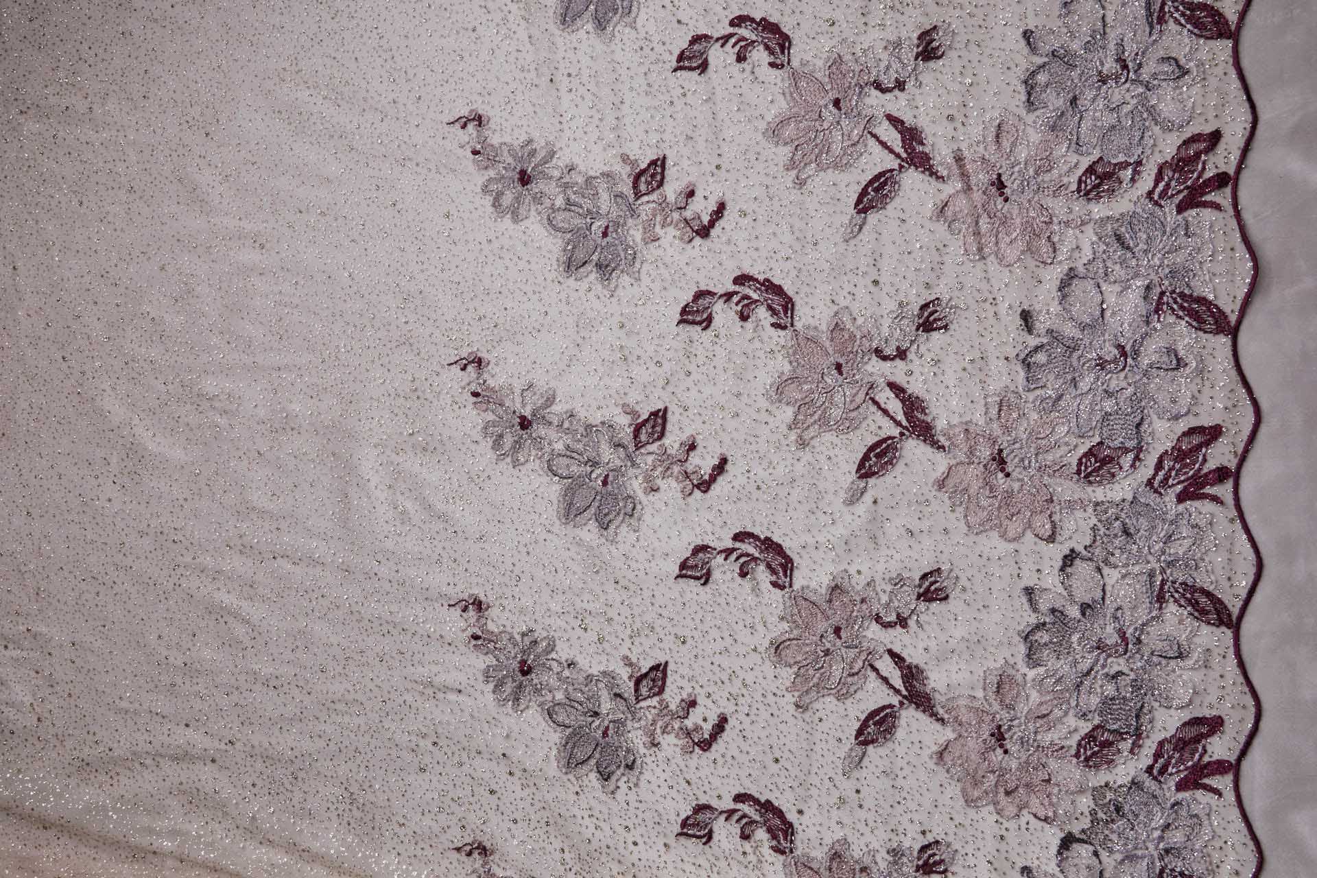 Larger Burgundy / Pink Flowers Embroidered on Gold Glitter Illusion Tulle fabric, image 9 of 13