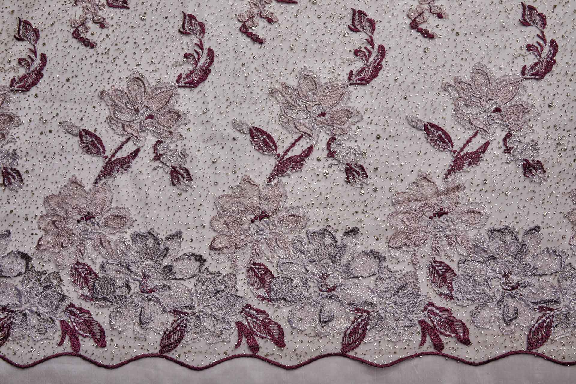 Larger Burgundy / Pink Flowers Embroidered on Gold Glitter Illusion Tulle fabric, image 10 of 13