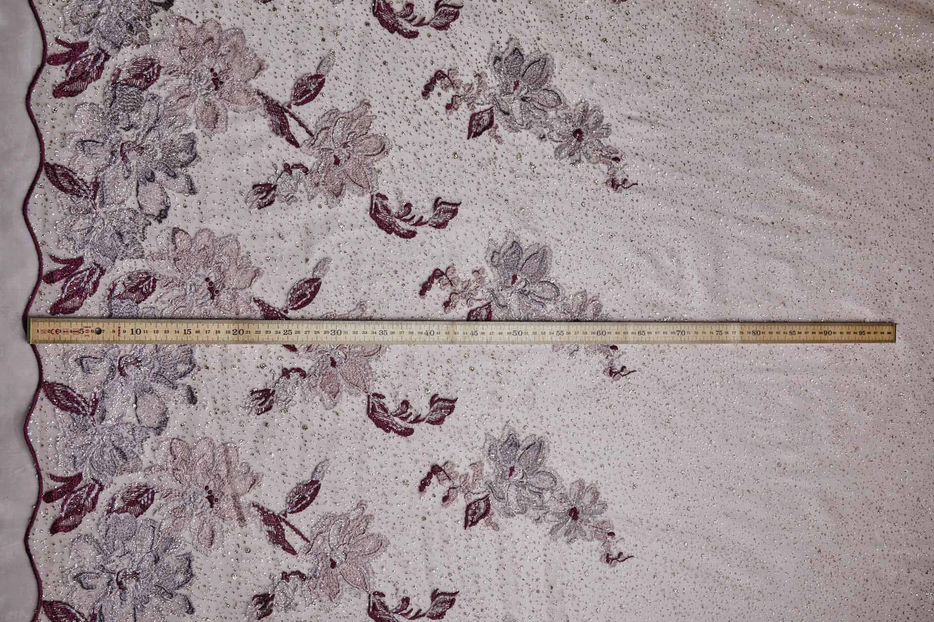 Larger Burgundy / Pink Flowers Embroidered on Gold Glitter Illusion Tulle fabric, image 11 of 13