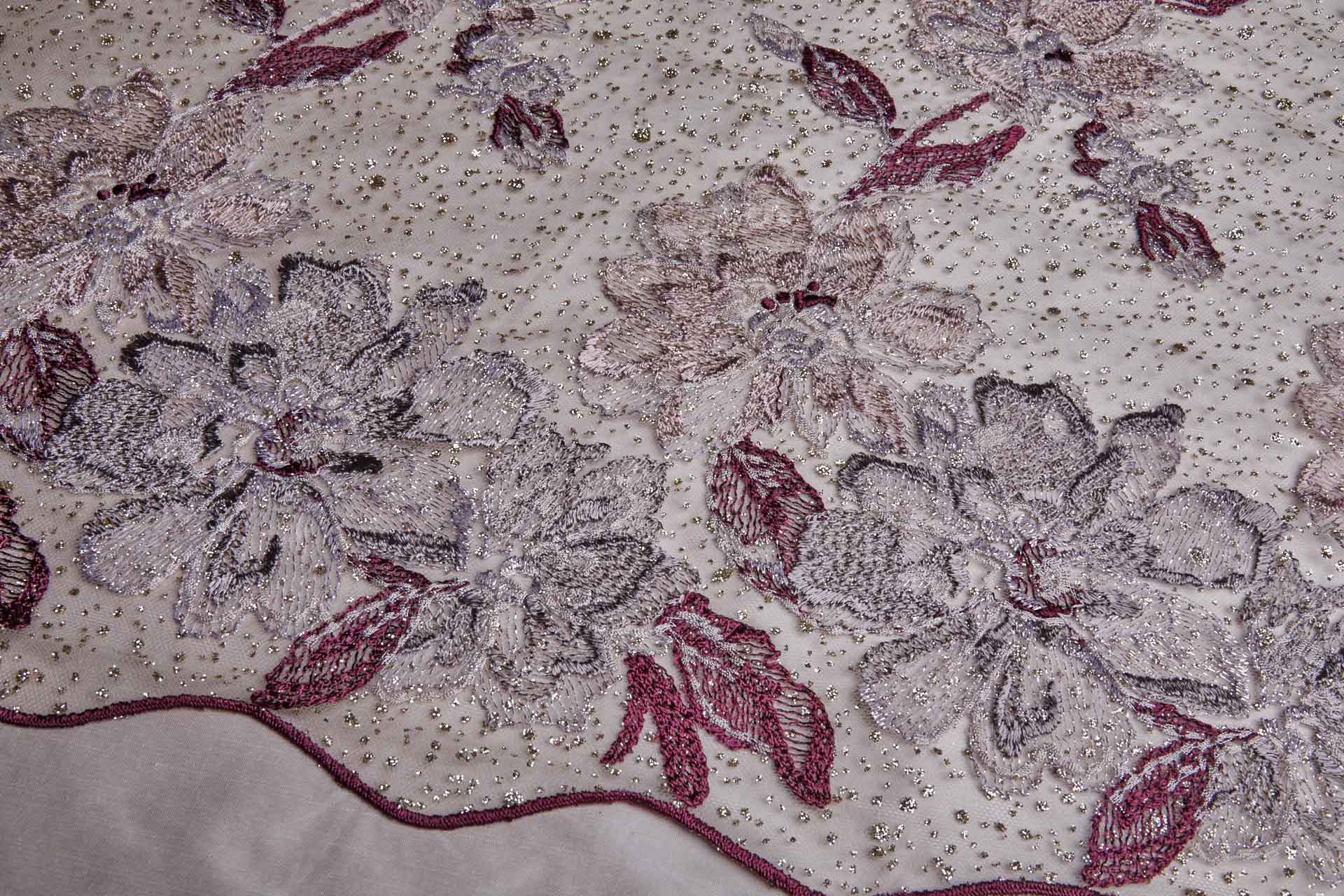 Larger Burgundy / Pink Flowers Embroidered on Gold Glitter Illusion Tulle fabric, image 4 of 13