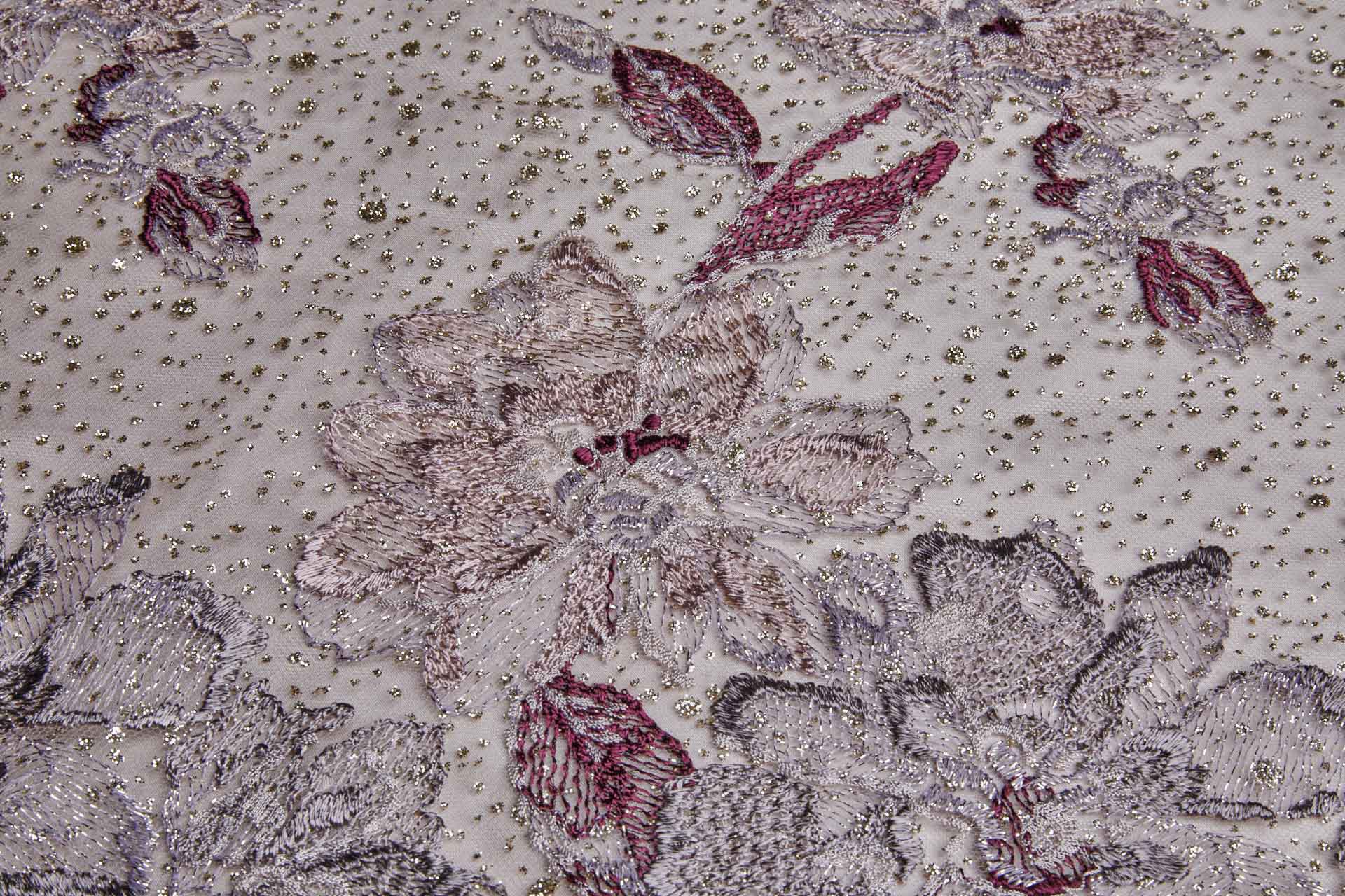 Larger Burgundy / Pink Flowers Embroidered on Gold Glitter Illusion Tulle fabric, image 5 of 13