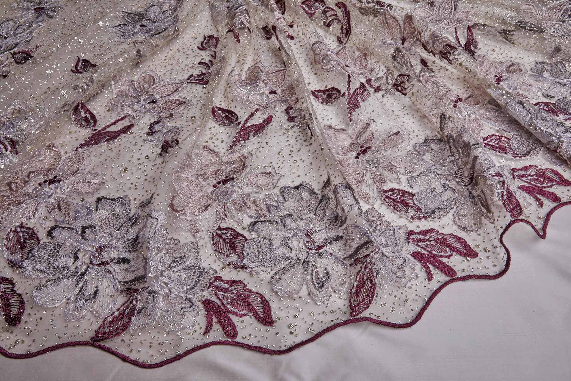 Larger Burgundy / Pink Flowers Embroidered on Gold Glitter Illusion Tulle fabric, image 6 of 13