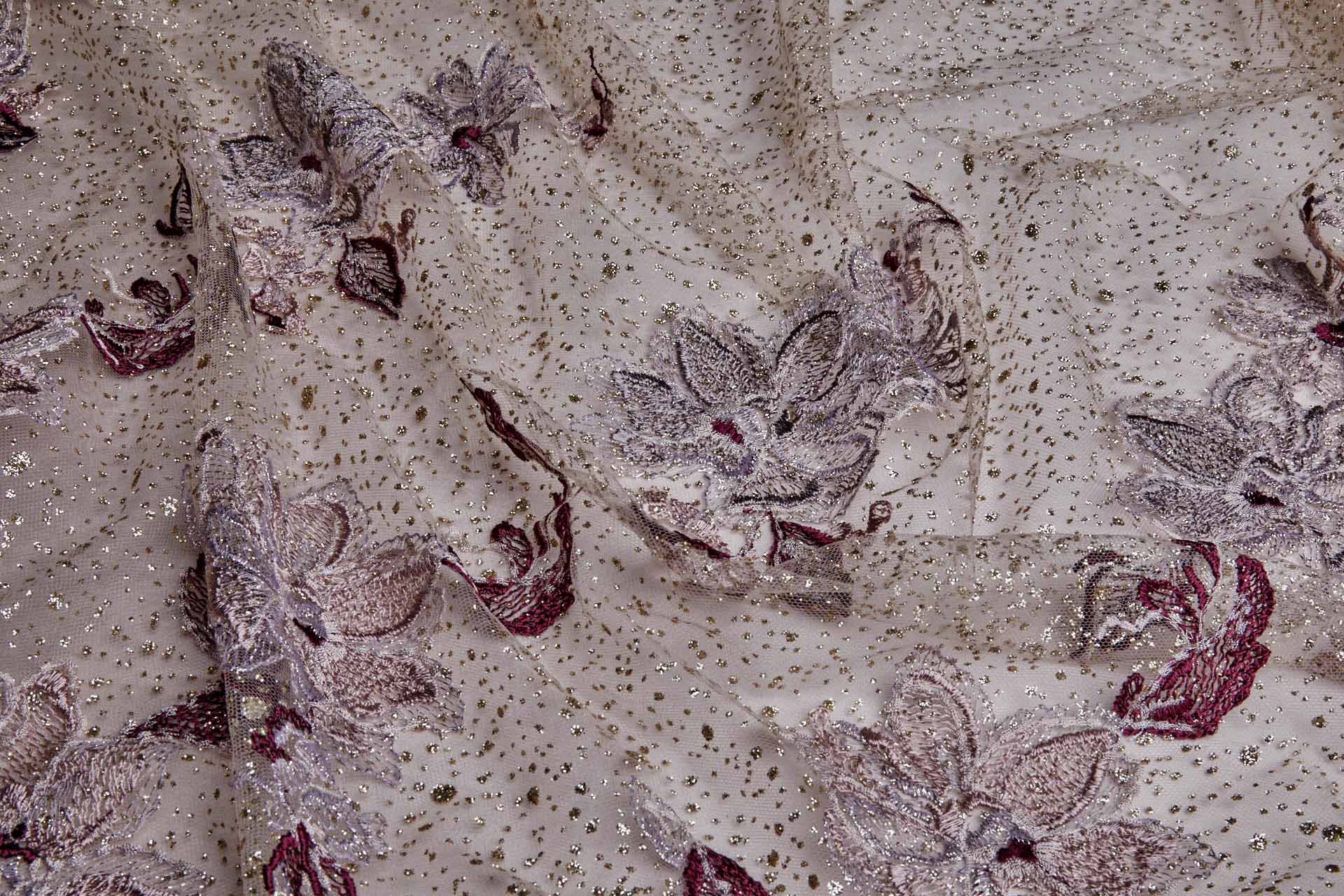 Larger Burgundy / Pink Flowers Embroidered on Gold Glitter Illusion Tulle fabric, image 7 of 13