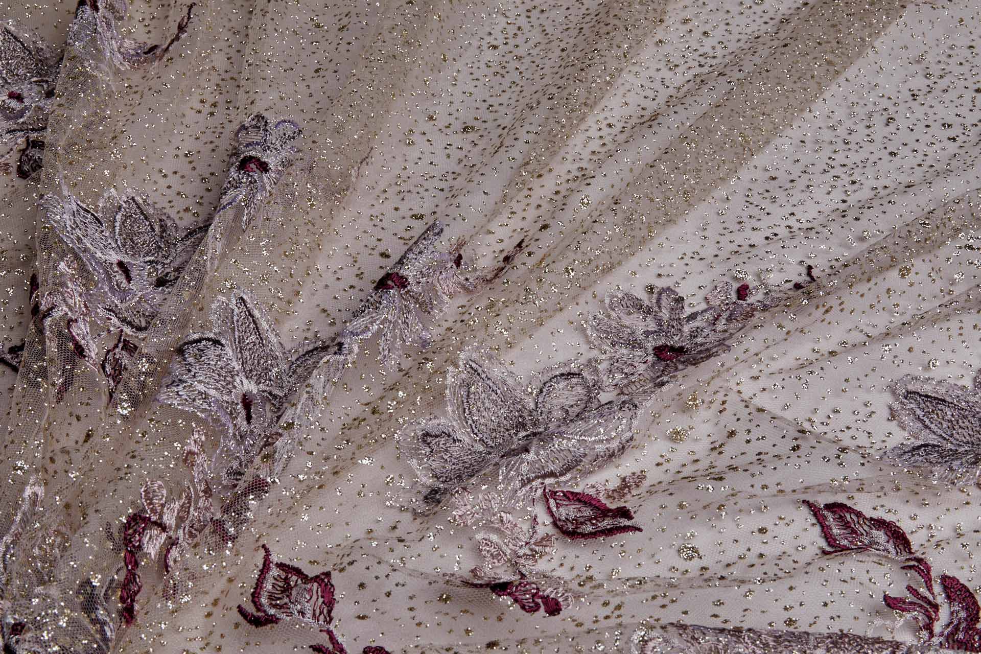 Larger Burgundy / Pink Flowers Embroidered on Gold Glitter Illusion Tulle fabric, image 8 of 13