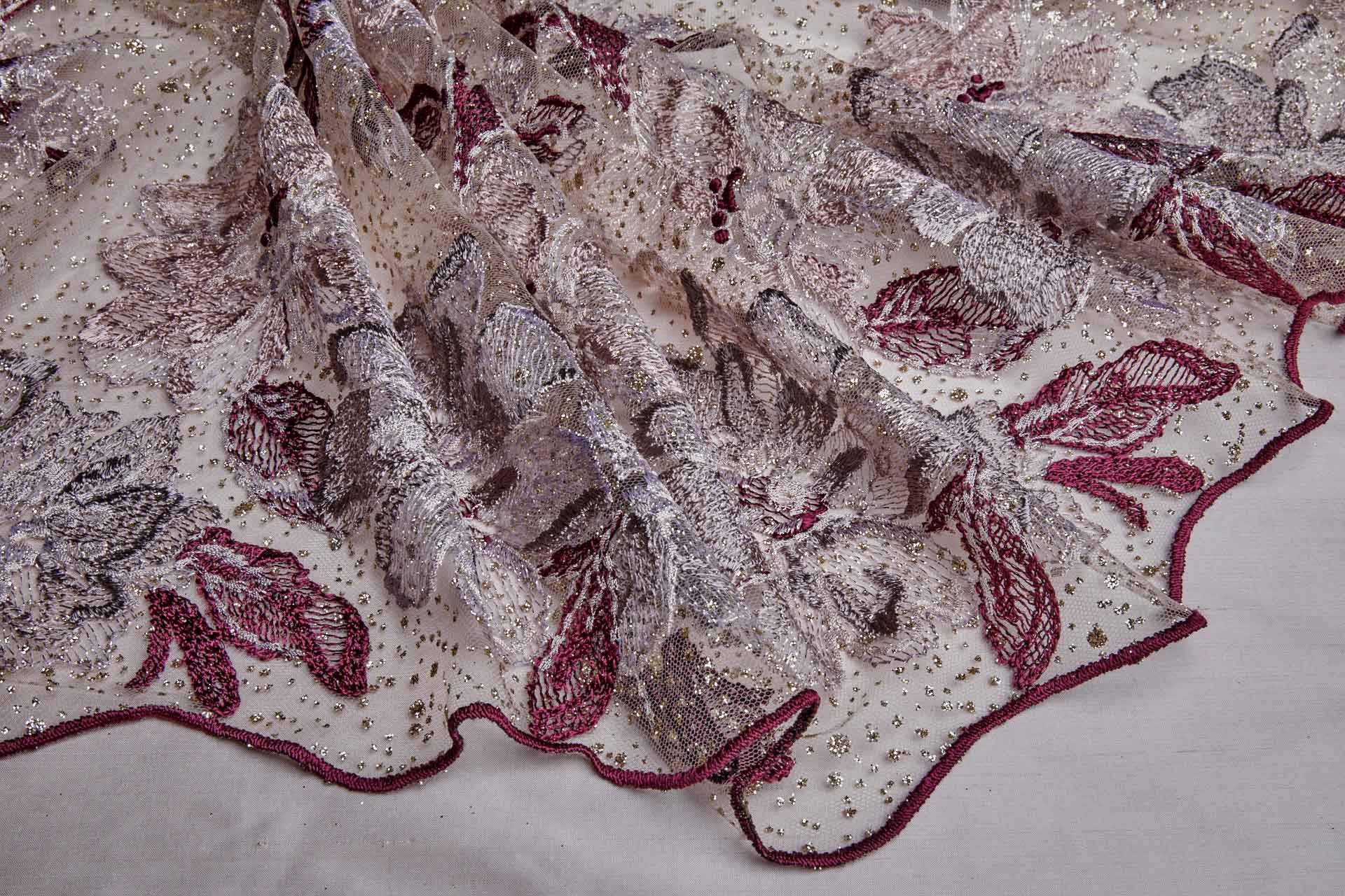 Larger Burgundy / Pink Flowers Embroidered on Gold Glitter Illusion Tulle fabric