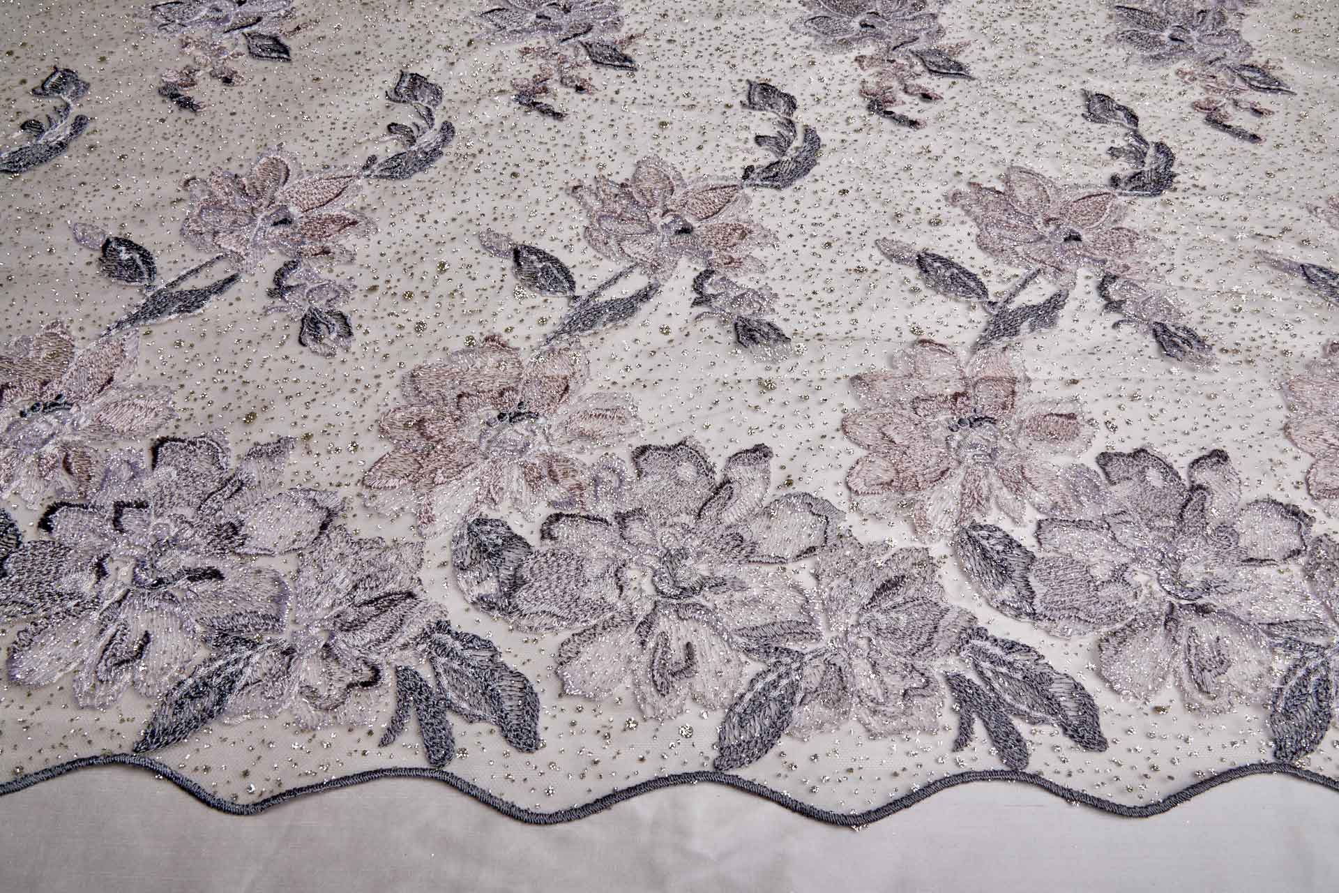 Dainty Mauve Flowers Embroidered on Gold Glitter Illusion Tulle fabric, image 14 of 14