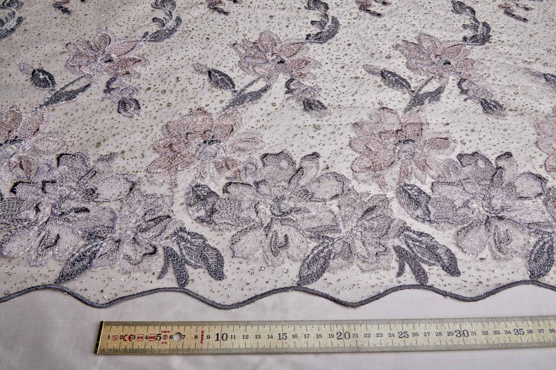 Dainty Mauve Flowers Embroidered on Gold Glitter Illusion Tulle fabric, image 2 of 14