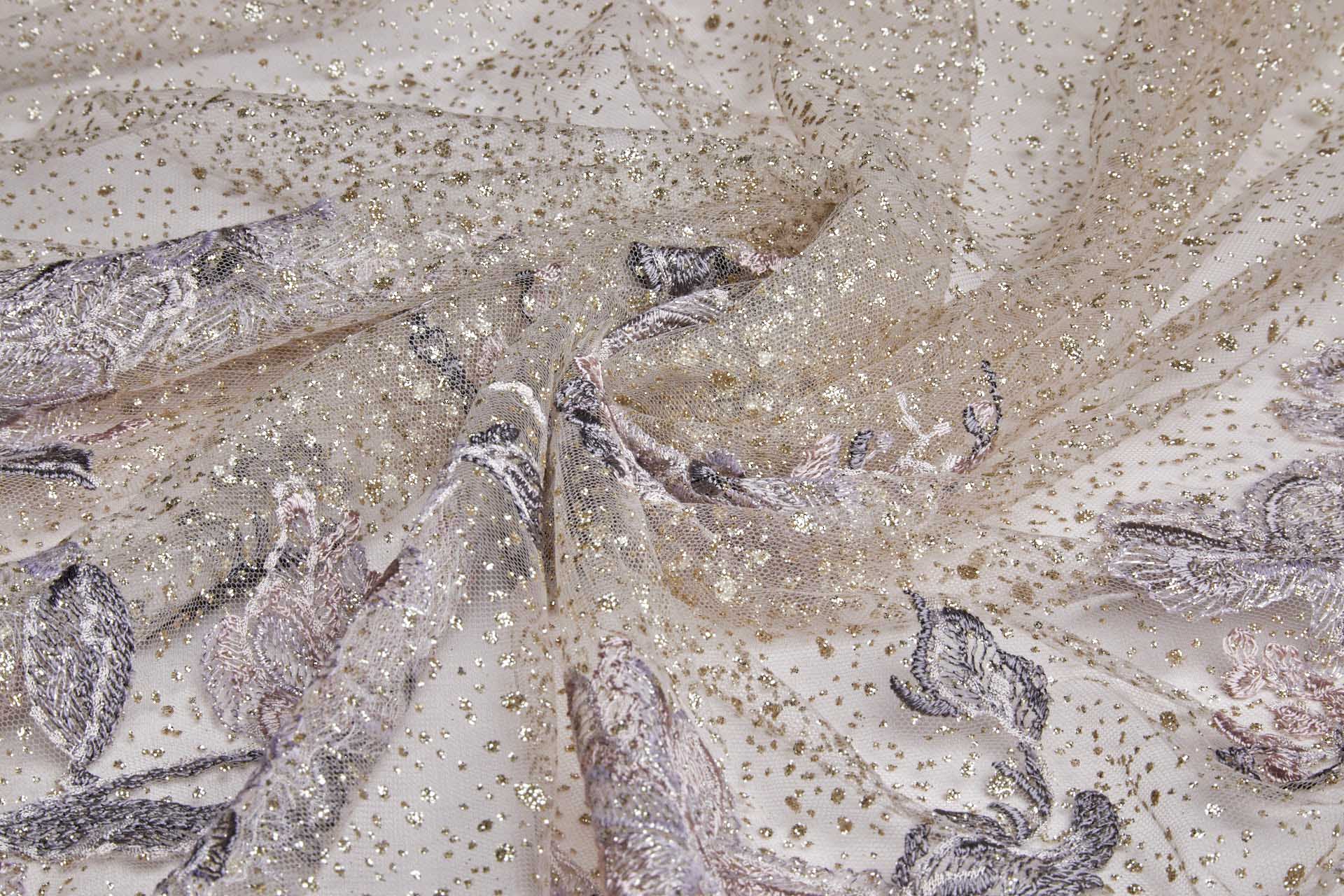 Dainty Mauve Flowers Embroidered on Gold Glitter Illusion Tulle fabric, image 10 of 14
