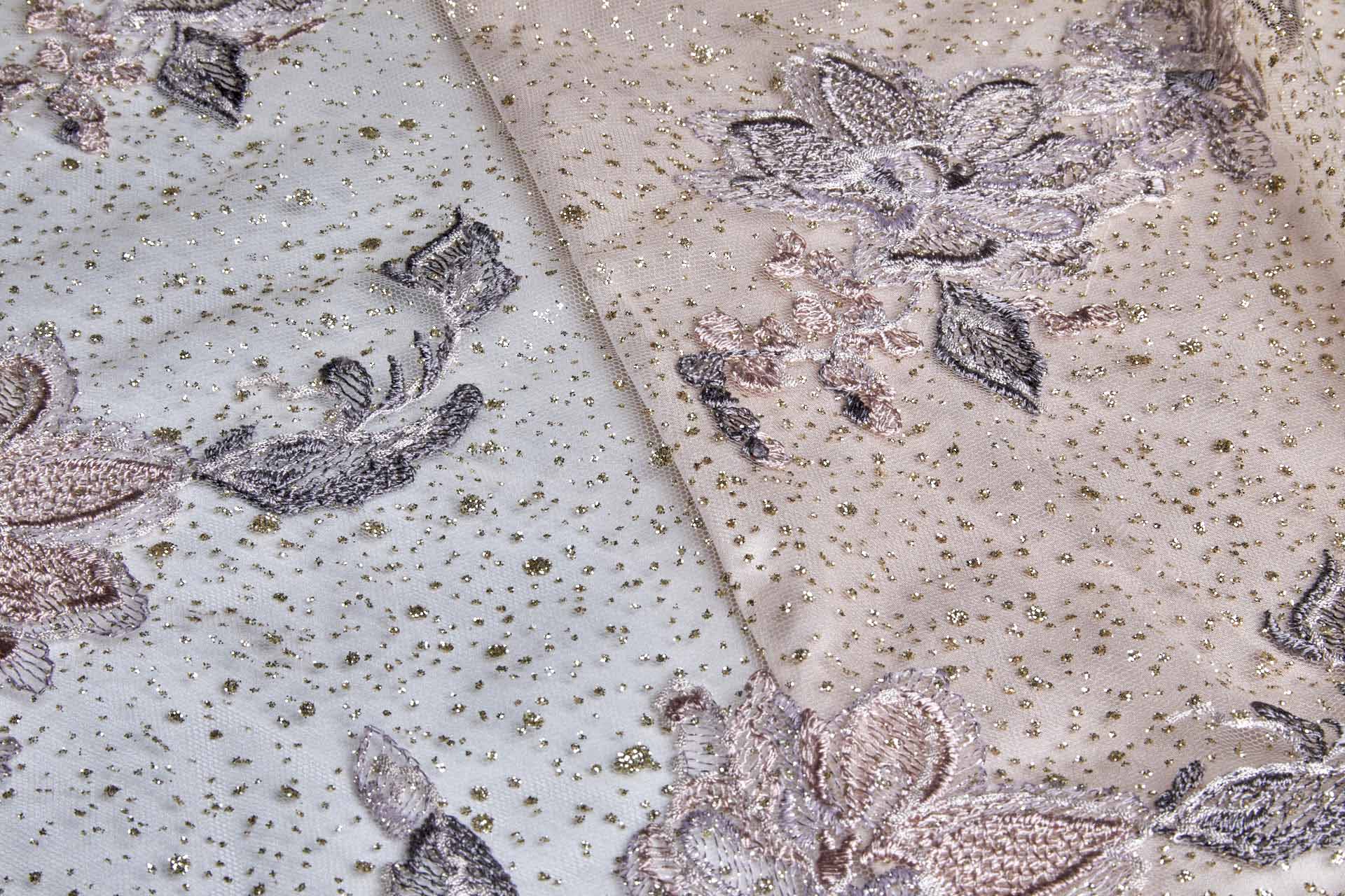 Dainty Mauve Flowers Embroidered on Gold Glitter Illusion Tulle fabric, image 11 of 14